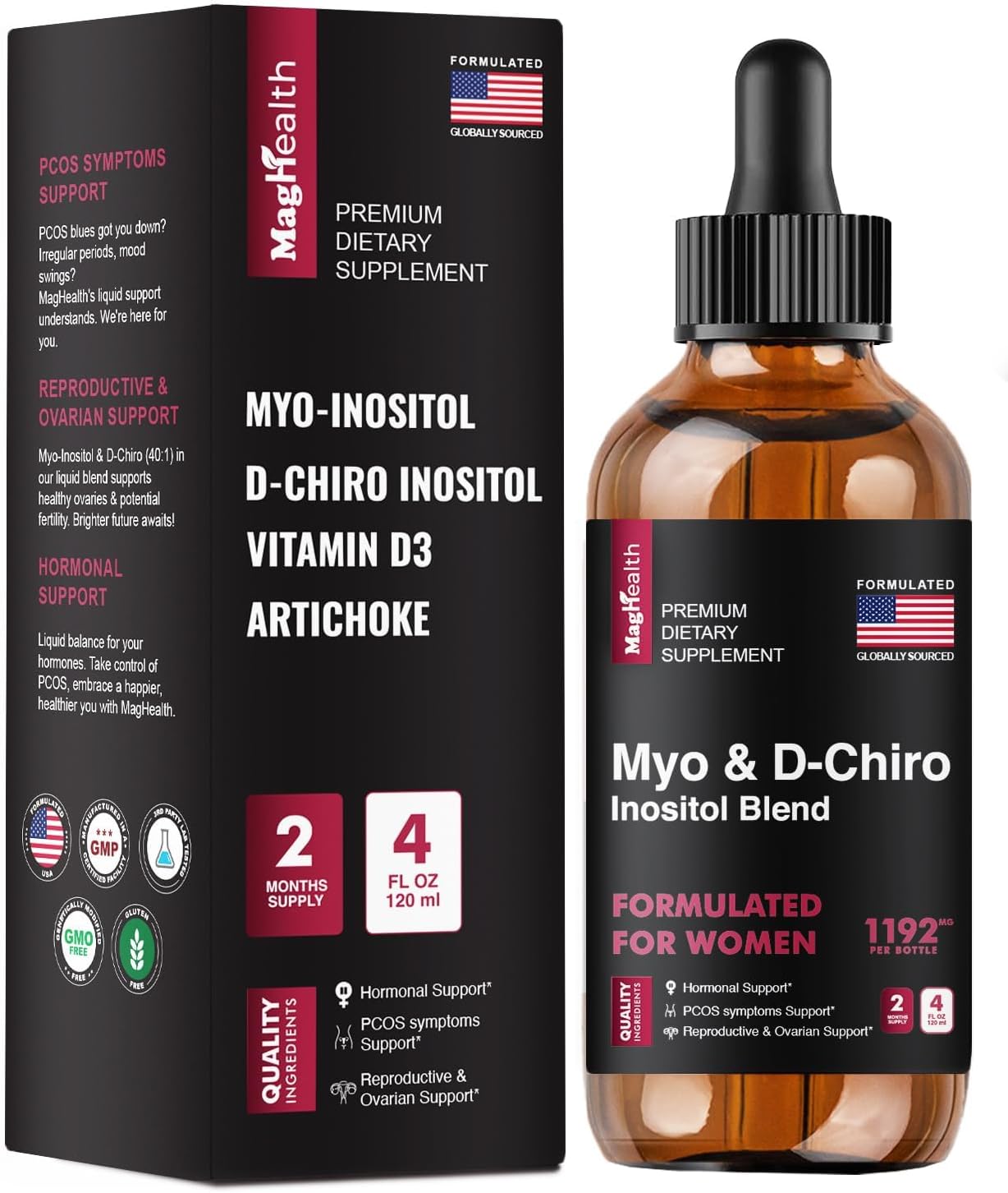 Suplemento líquido de mio-inositol y D-Chiro inositol – Proporción 401 – Suministro para 60 días – Suplementos de fertilidad para mujeres para