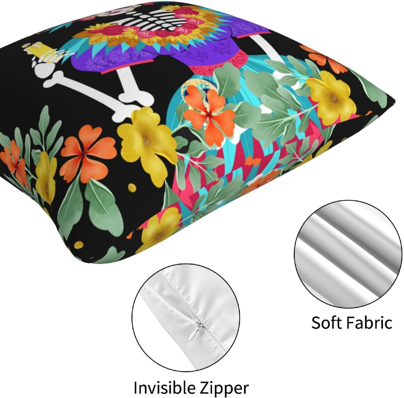 4 fundas de almohada mexicanas del Día de los Muertos, fundas de almohada con diseño de acuarela floral de calavera de azúcar, funda de cojín