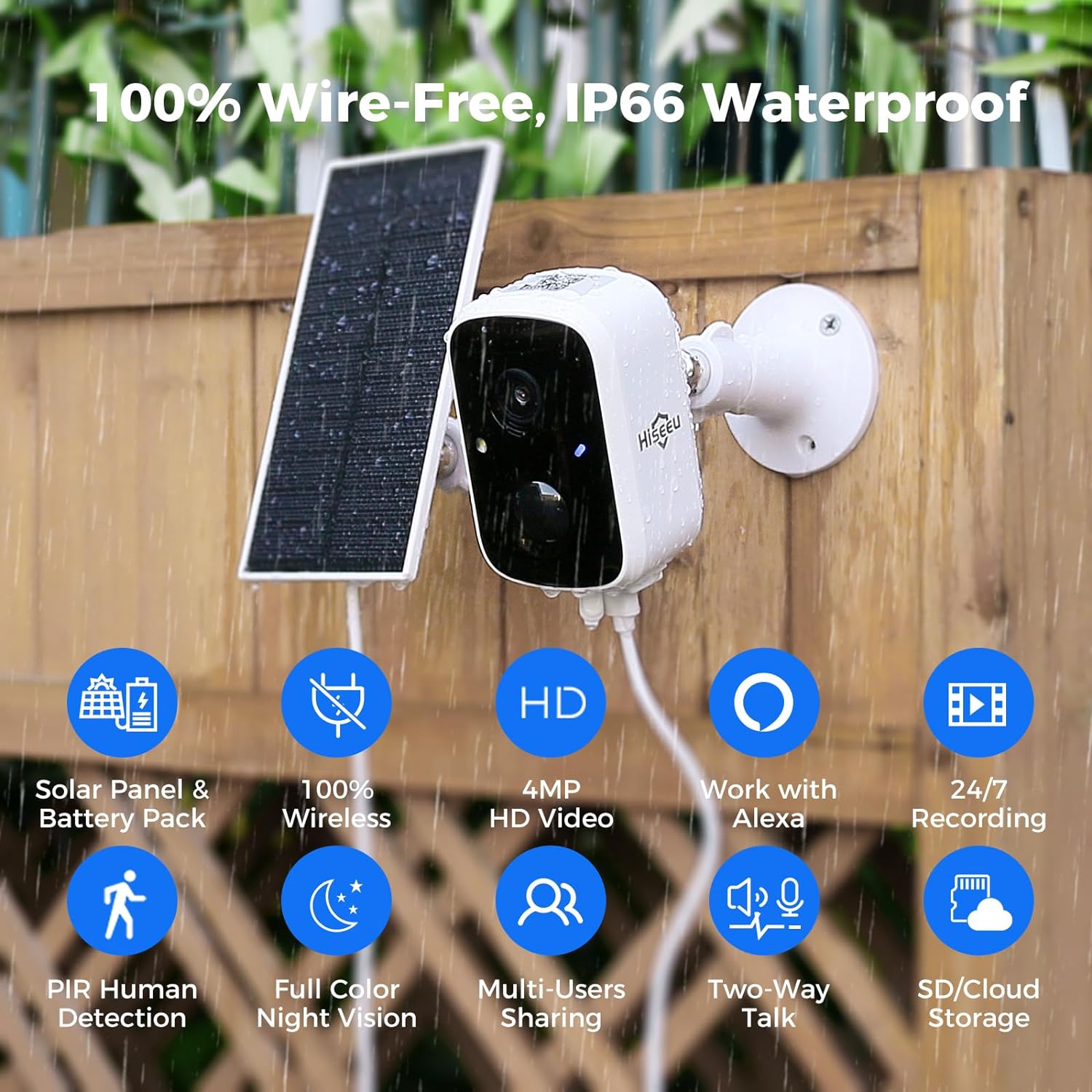 Hiseeu Cámaras de seguridad solares inalámbricas para exteriores, paquete de 2, cámaras wifi 3K 4MP para vigilancia del hogar, detección de