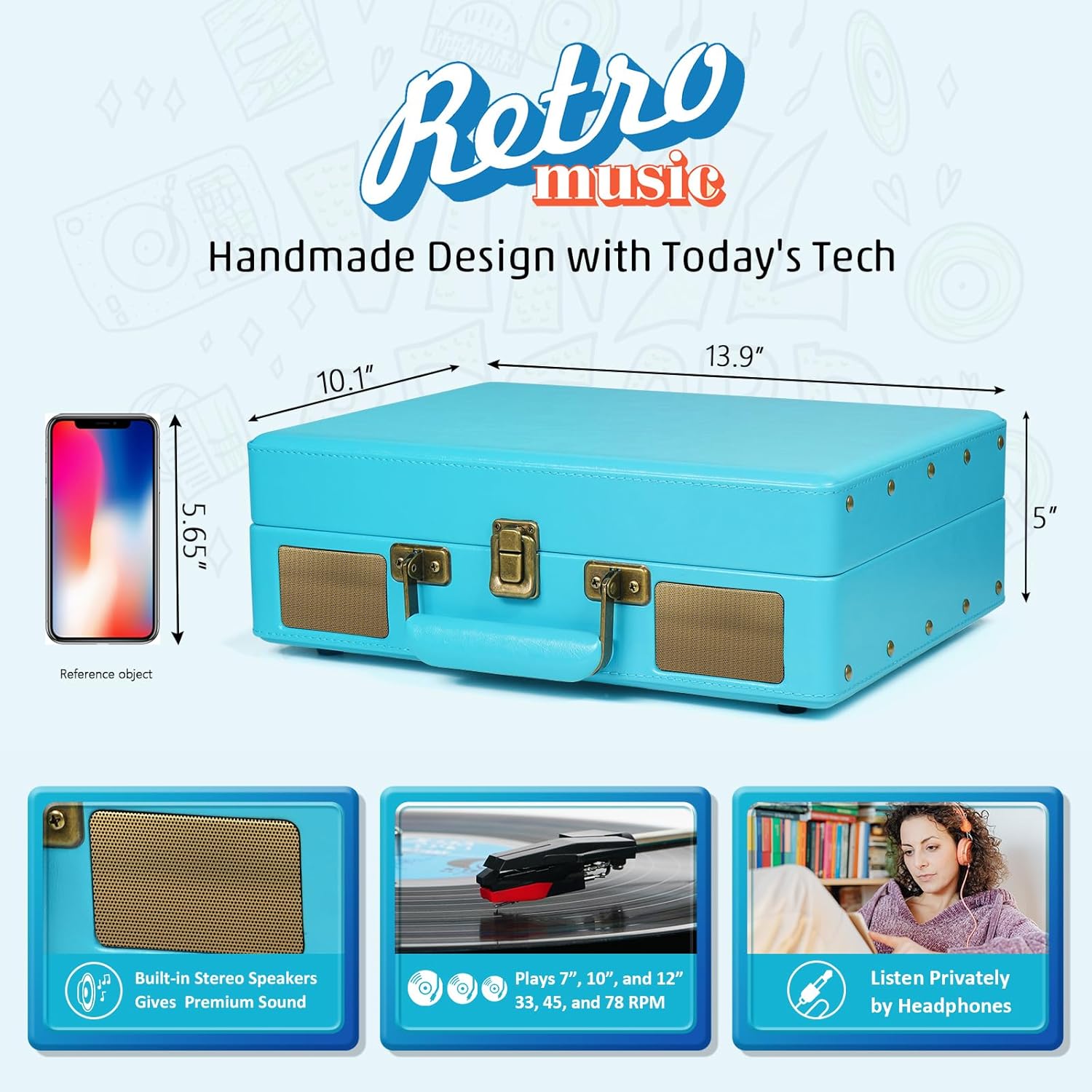 Tocadiscos portátil de maleta con Bluetooth vintage con altavoces integrados, tocadiscos de 3 velocidades con grabación de audio de vinilo USB,