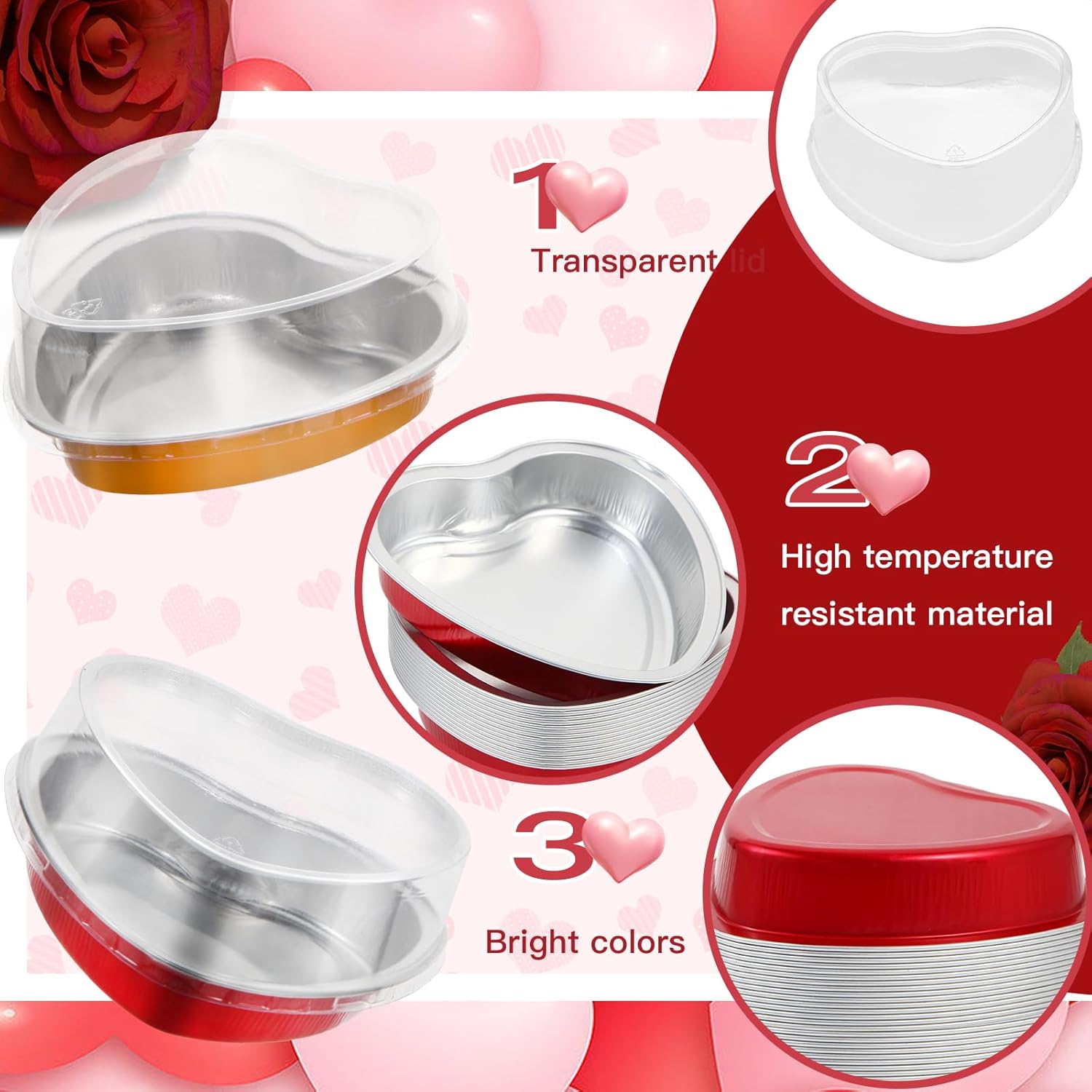 60 paquetes de moldes para pasteles en forma de corazón con tapas, 9 onzas7.6 fl oz, moldes de aluminio desechables de aluminio, moldes para