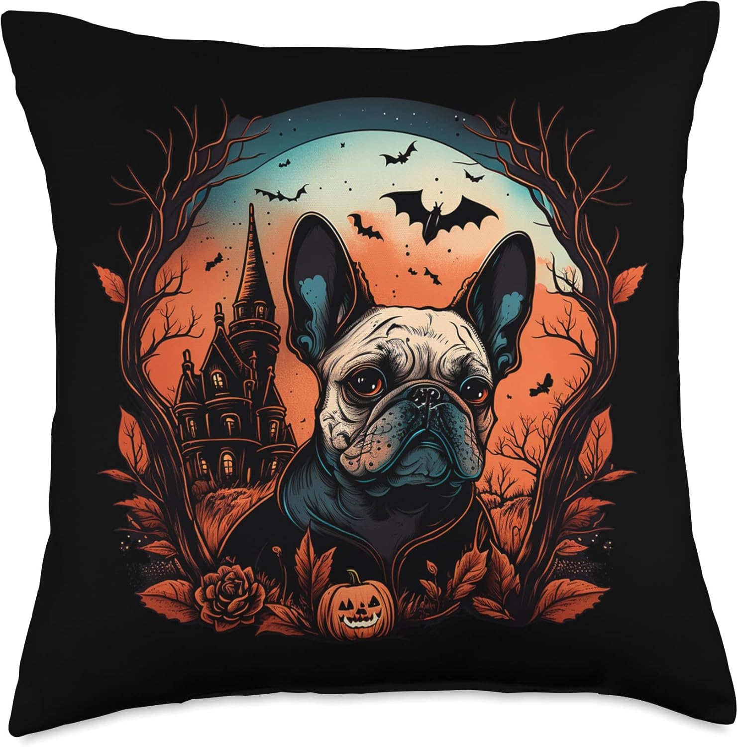 French Bulldog  Funny & Cute Frenchie Love Motifs Disfraz de bulldog francés de Halloween  Almohada aterradora de bruja y calabaza, 18 x 18