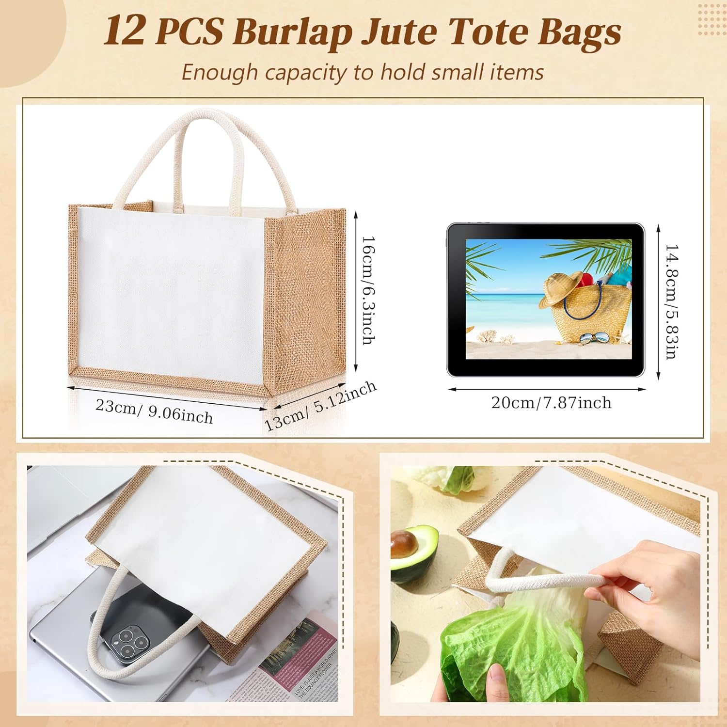 12 bolsas de yute reutilizables con asas, pequeña bolsa de regalo de lona en blanco, a prueba de agua, para boda, playa, bricolaje
