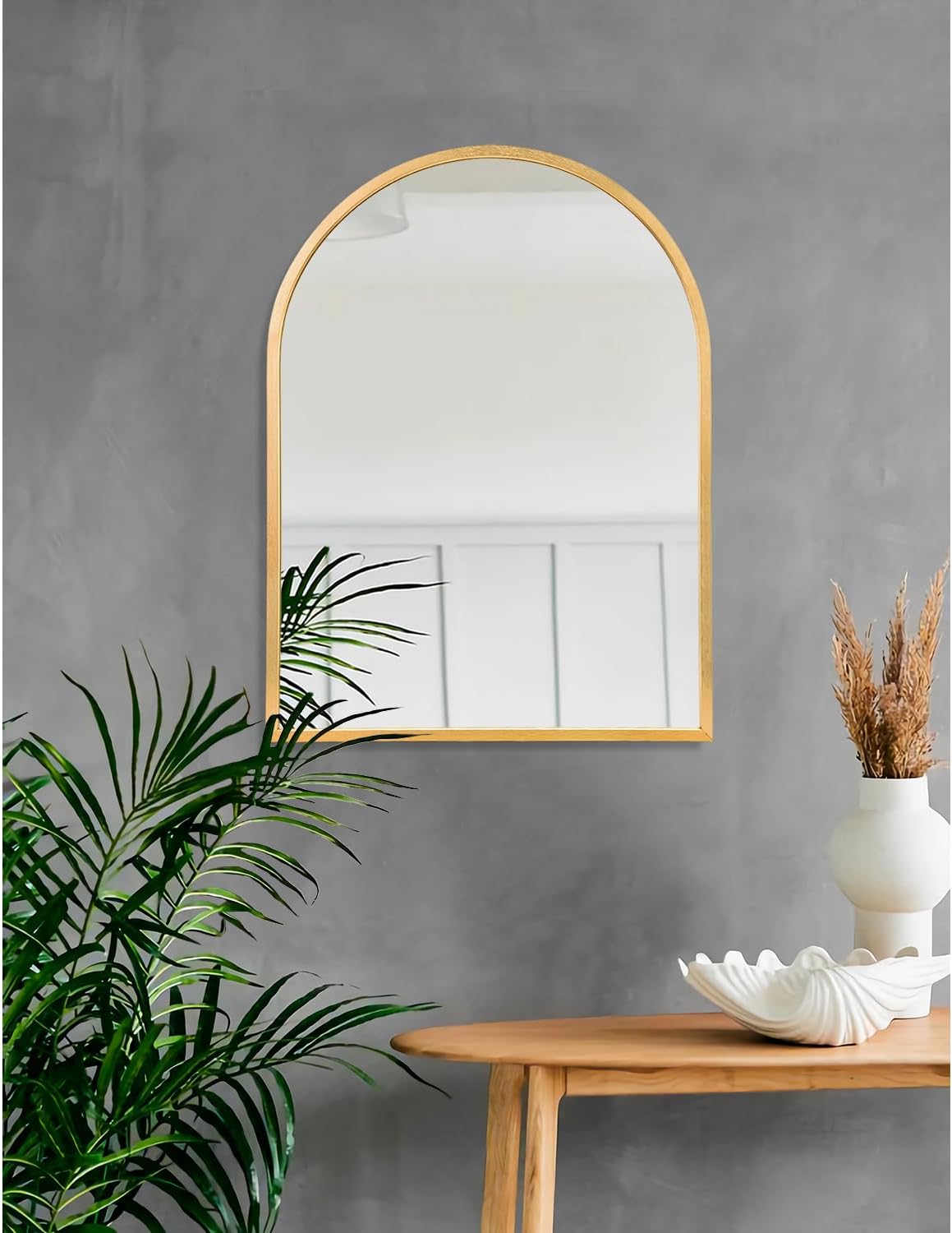 Espejo de pared en forma de arco, espejo de arco dorado, marco de aleación de aluminio, espejo de baño para tocador, sala de estar, dormitorio y