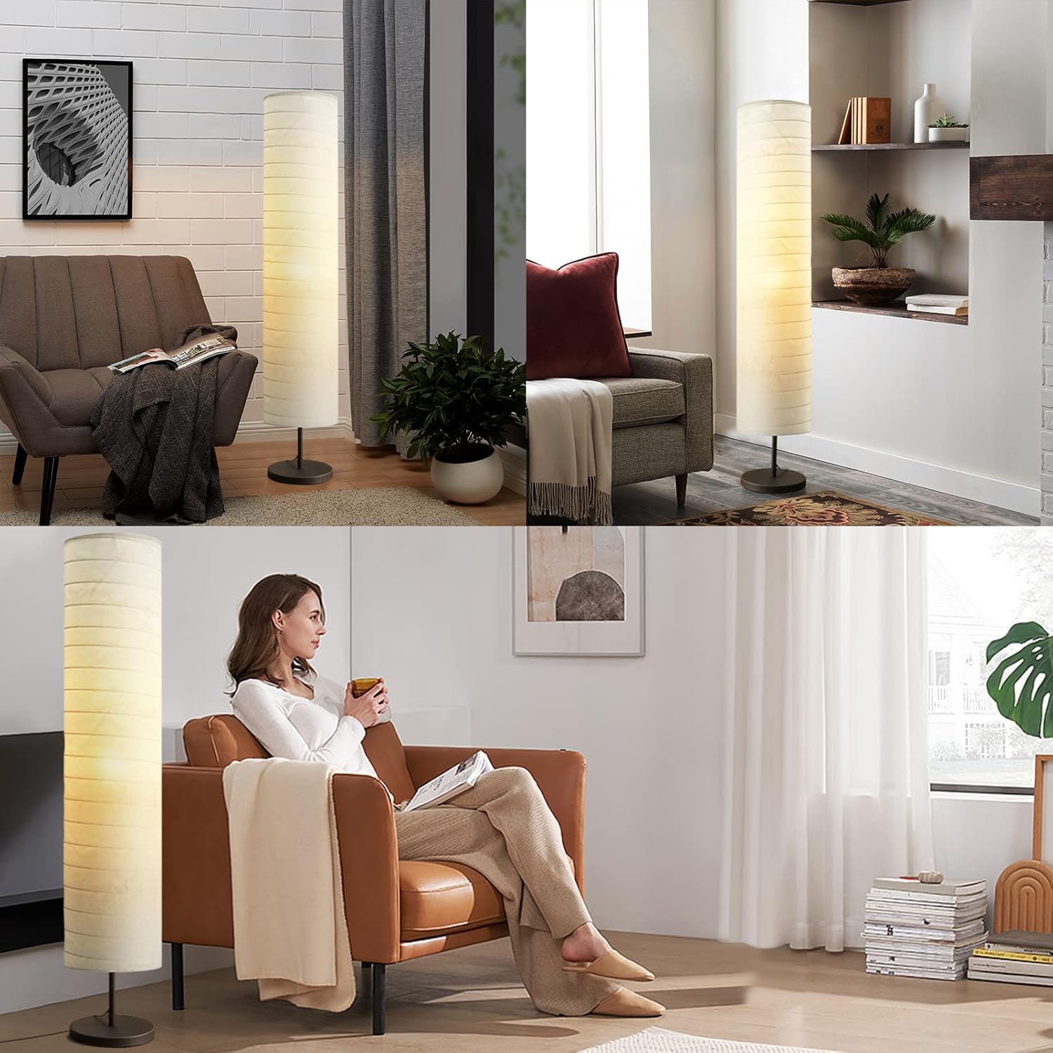 Modern Floor Lamp, Dimmable 3 Levels Brightness Paper Tall Lamp Standing Lamps with Lampshade, 55” Minimalist Floor Lamps for Office, Kids Room,