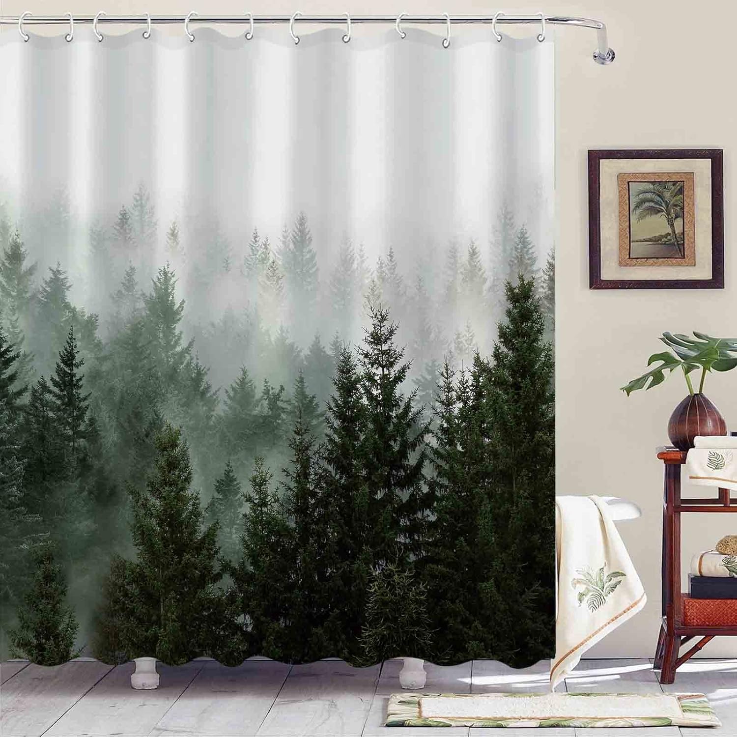 Cortina de ducha verde con diseño de bosque brumoso, juego de cortinas de ducha impermeables de tela verde oscuro para decoración de baño con 12