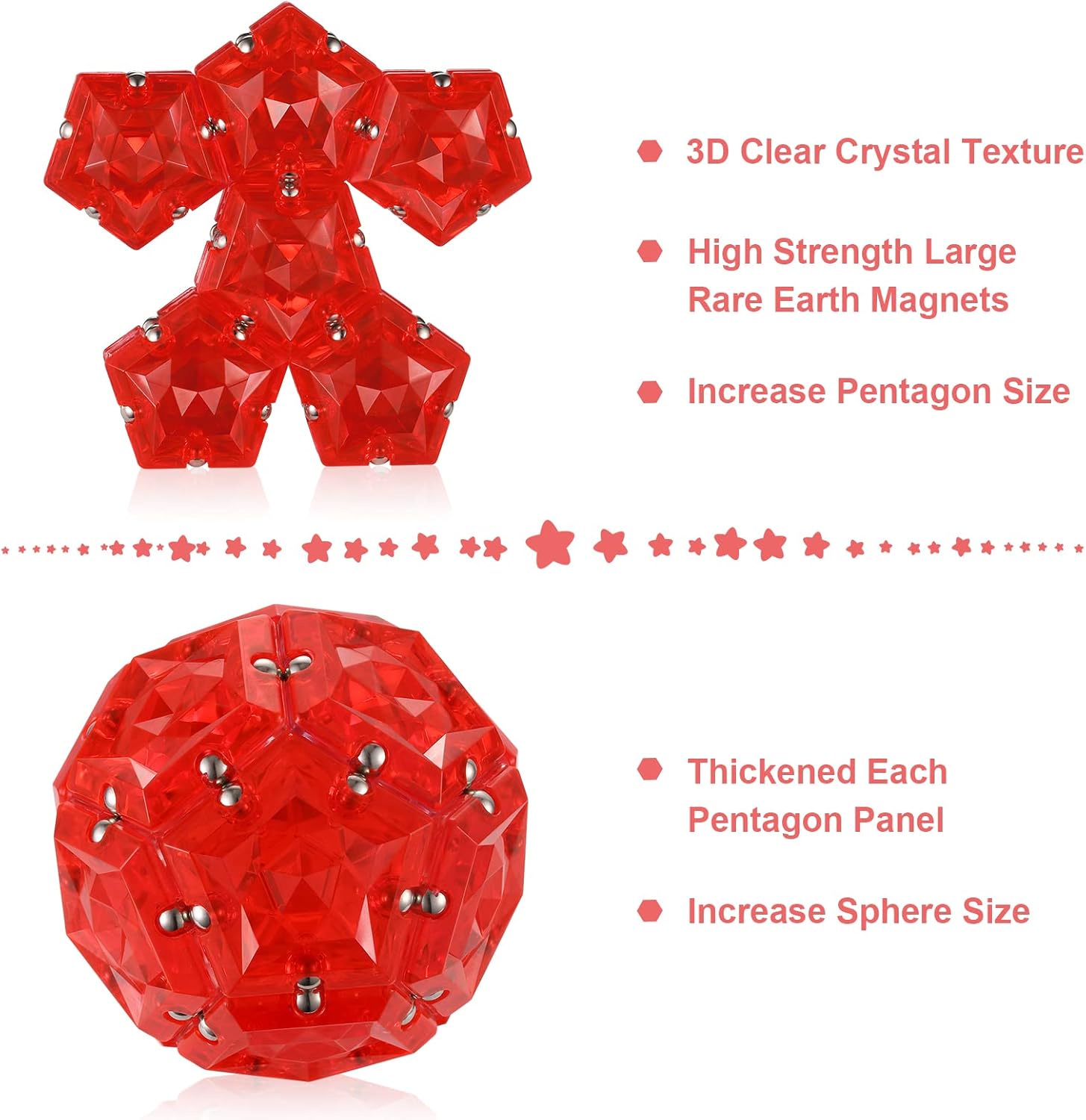RoomyRoc Esfera magnética antiestrés  Bolas magnéticas de pentágonos  Juego de 12 piezas  rojo cristal  Juguete magnético  Creatividad más allá de