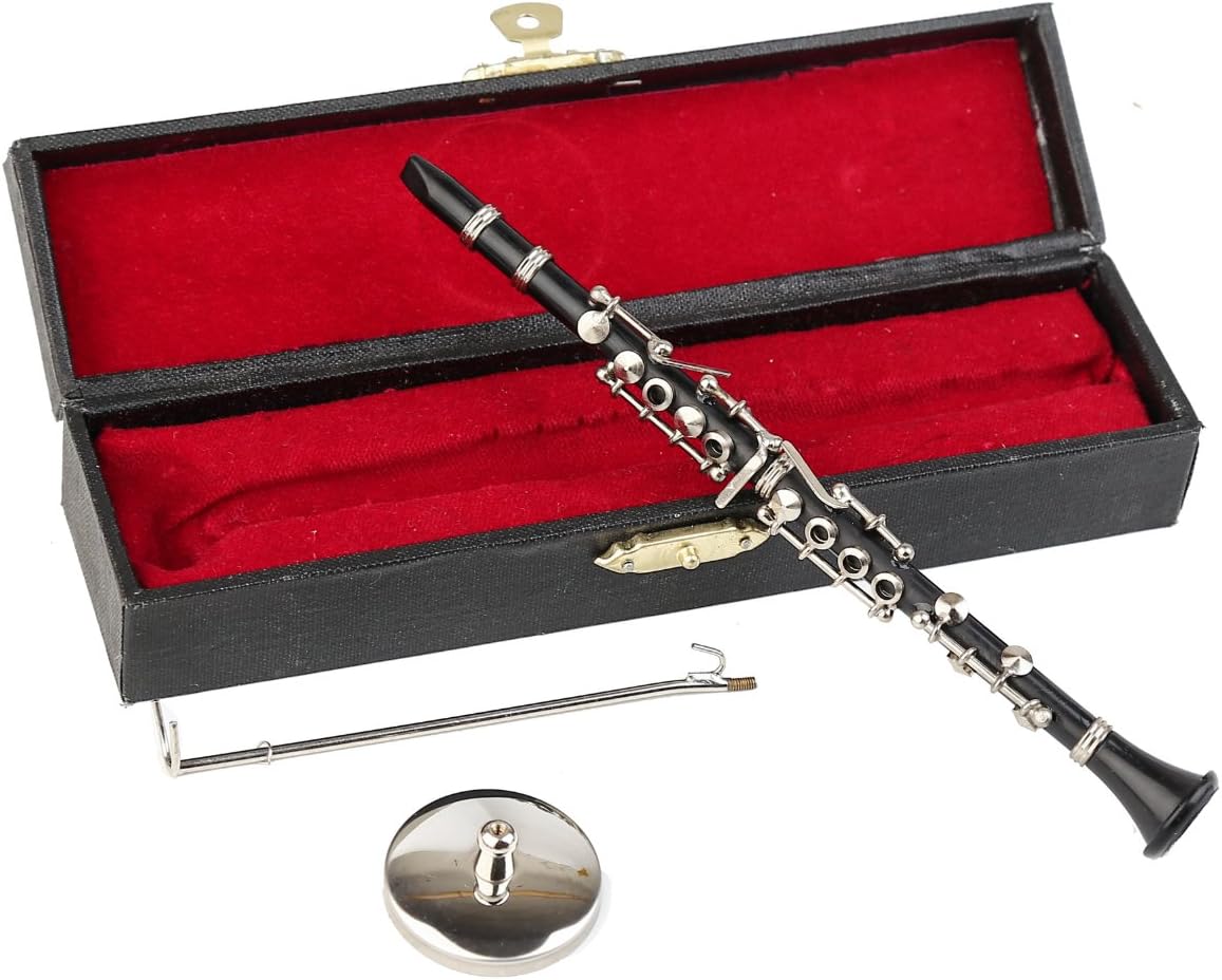 Dselvgvu – Clarinete miniatura con soporte y estuche, mini instrumento musical réplica en miniatura, modelo de casa de muñecas, mini clarinete para