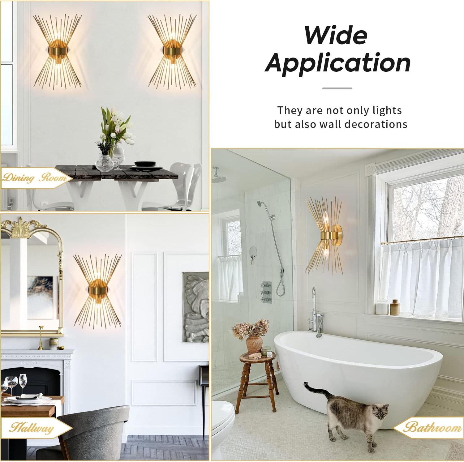 Lámpara de tocador de baño de 2 luces, moderna lámpara de pared dorada Starburst de mediados de siglo, lámpara de pared de latón galvanizado para