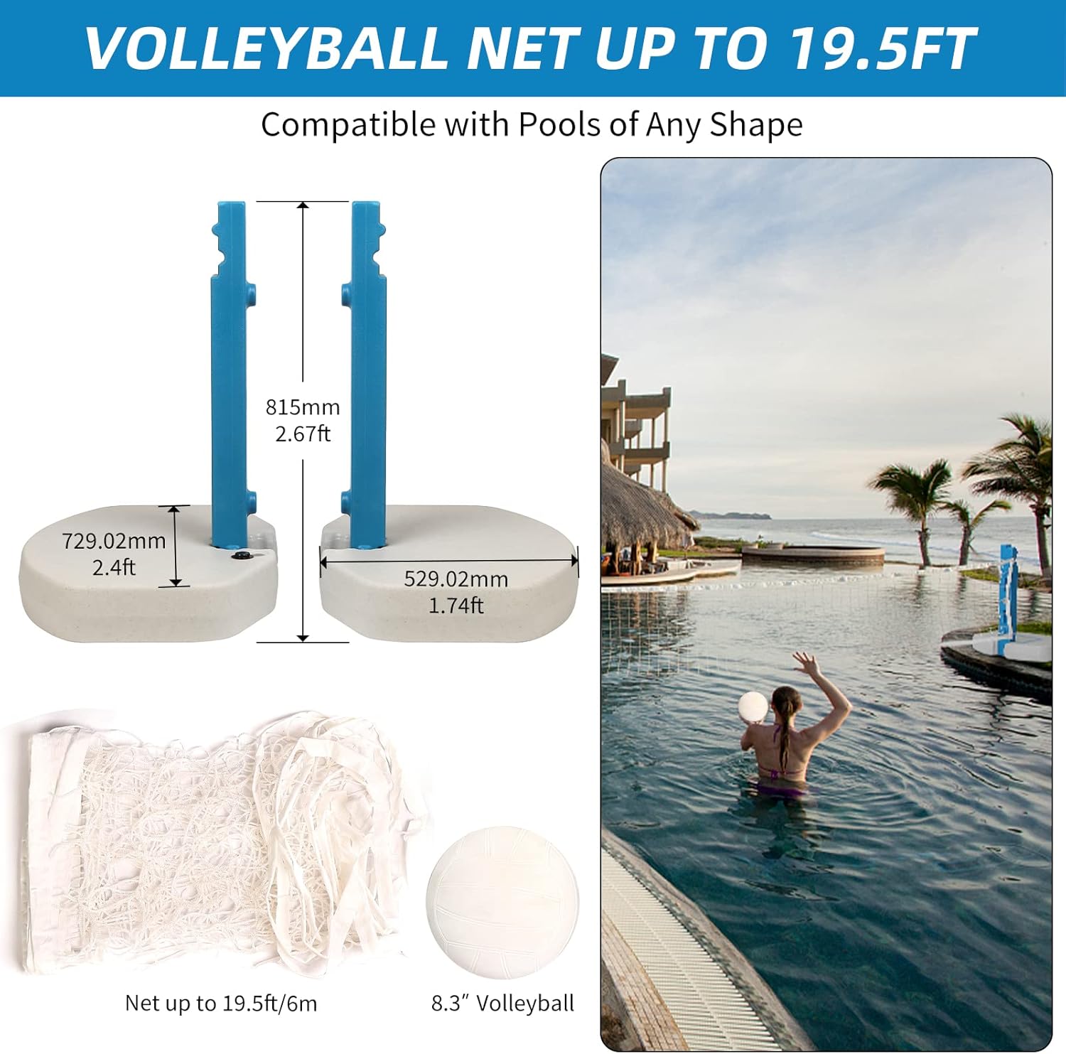 Blue Bay Juego de aro de baloncesto 2 en 1 junto a la piscina y voleibol para juegos de piscina enterrada, combo para piscina.