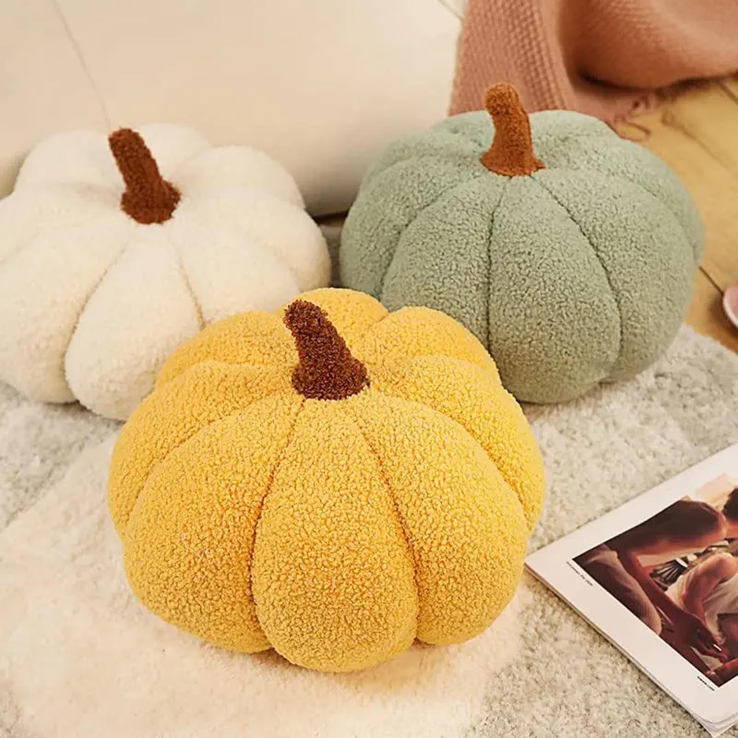 Aoruisen Almohadas de calabaza de Halloween, almohada de felpa 3D con forma de calabaza, decoración de otoño para cama, sofá y habitación, almohadas