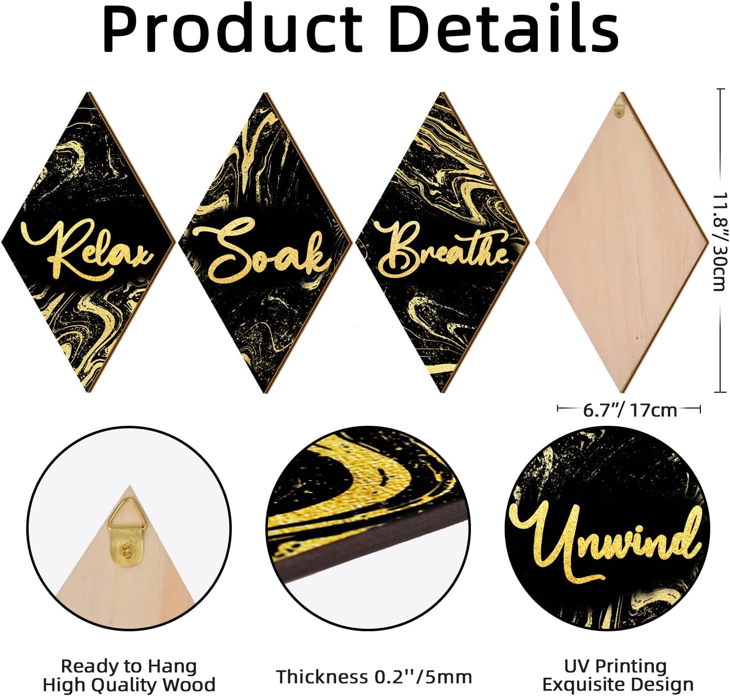 4 piezas de decoración de pared de baño, letreros de madera con forma de diamante, remojar, relajarse, respirar, estilo mármol, decoración artística