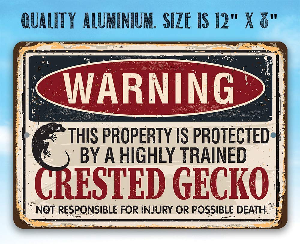 Metal Sign – Warning Property Protected By Crested Gecko – Durable Metal Sign – Use IndoorOutdoor – Front Door and Bedroom Door Decor or Gift for
