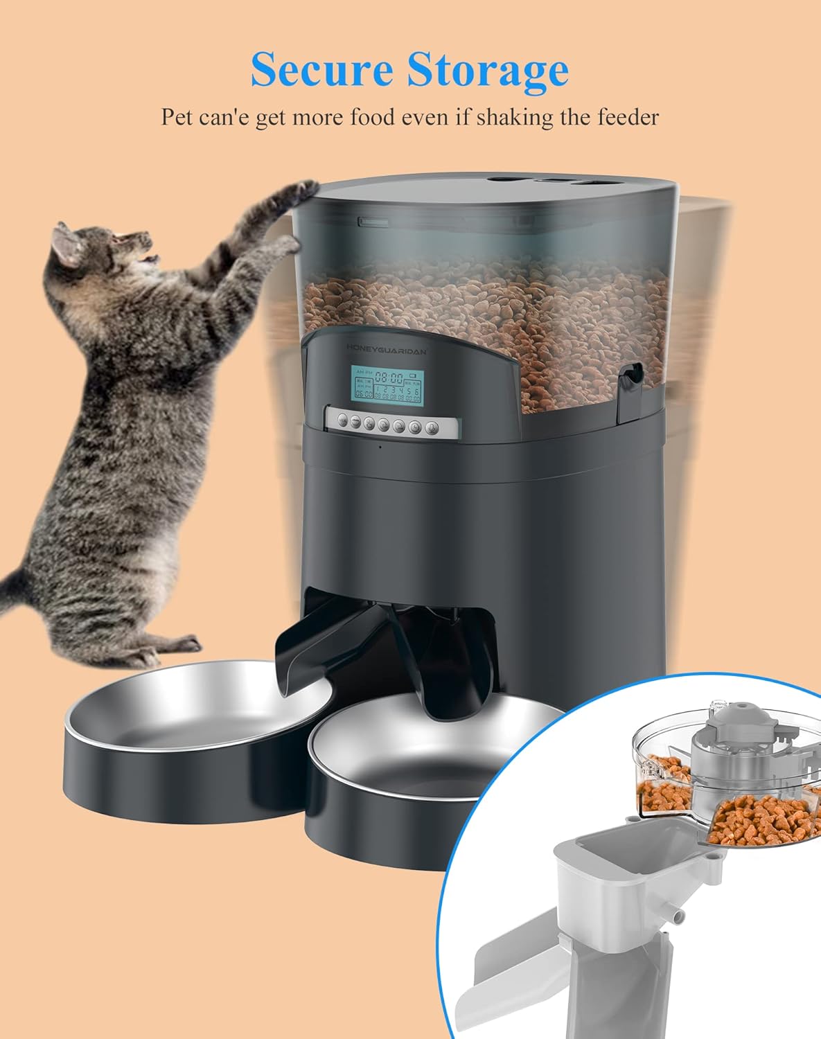 HoneyGuaridan – Comedero automático para gatos, 4.5L, dispensador de alimentos para 2 gatos, perros, dispensador de alimentos para gatos, control de