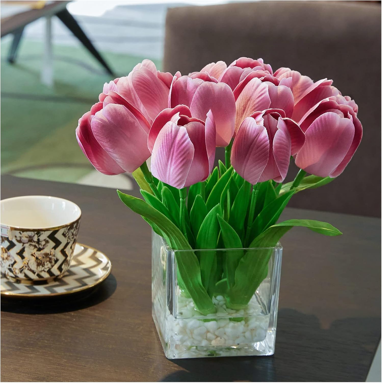 Flores artificiales, arreglo floral de tulipanes en jarrón, flores falsas, tulipanes de seda, modernas flores artificiales de seda para el hogar,