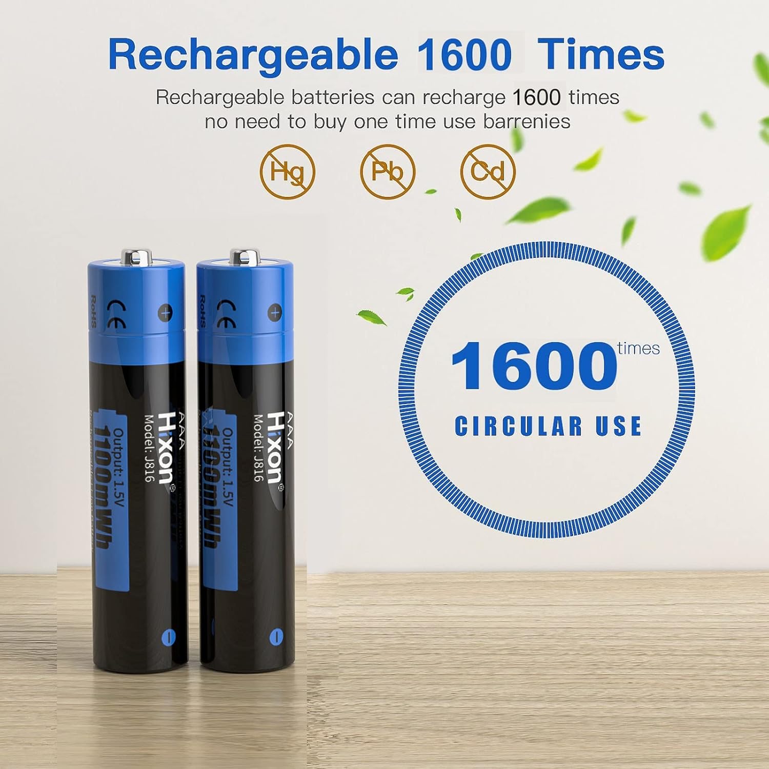 Baterías de litio recargables AAA con cargador, Hixon 1100 mWh de alta capacidad triple AAA recargable, 1600 ciclos, baterías recargables constantes
