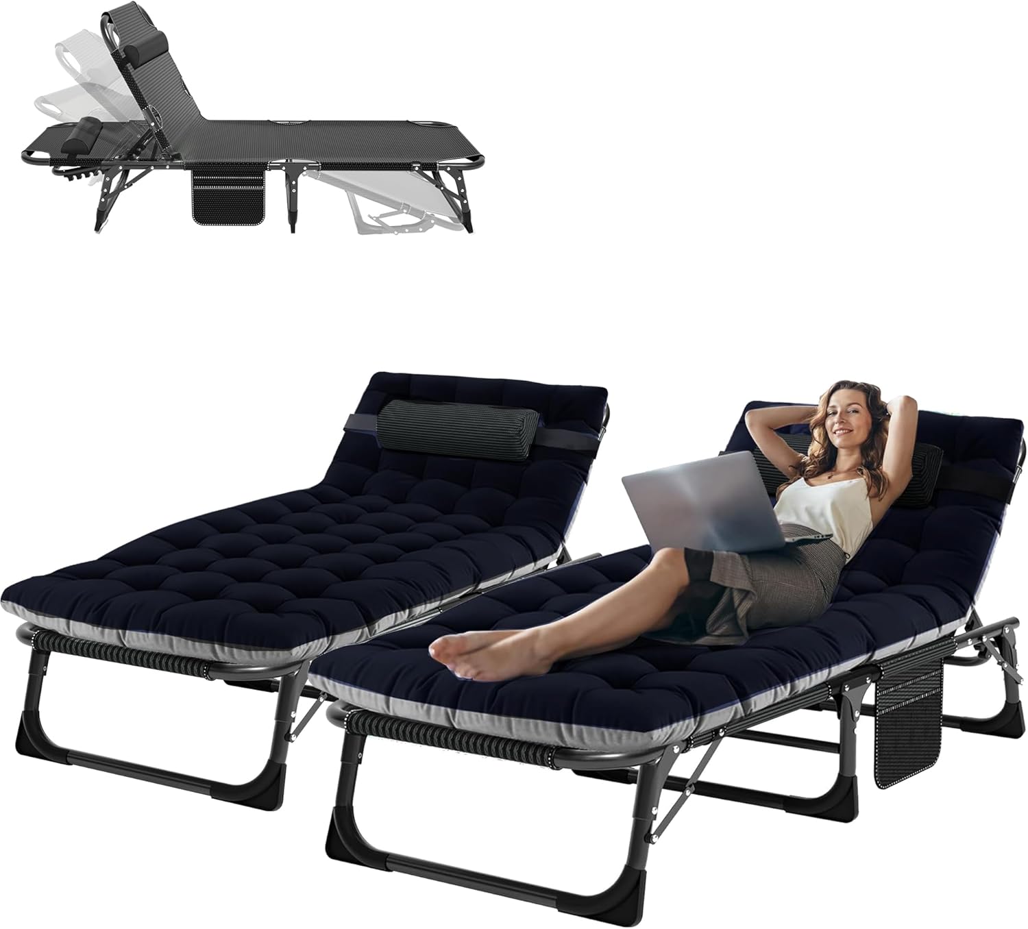 ABORON Paquete de 2 catres plegables de camping para adultos, cama resistente 3 en 1 para dormir de invitados, ajustable de doble capa 1200D con