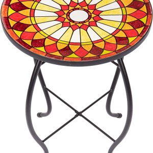 VCUTEKA Mesa auxiliar de mosaico para exteriores, mesa auxiliar para patio, mesa auxiliar pequeña, parte superior de cristal, redonda, balcón, mesa VCUTEKA Mesa auxiliar de mosaico para exteriores, mesa auxiliar para patio, mesa auxiliar pequeña, parte superior de cristal, redonda, balcón, mesa