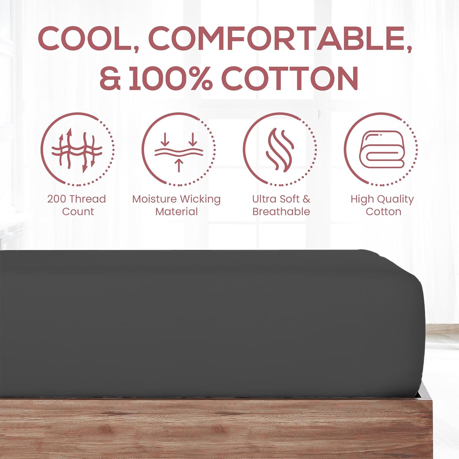 Superity Linen Sábana bajera ajustable de algodón que absorbe la humedad para un sueño transpirable, seco y cómodo. 200 hilos (negro)