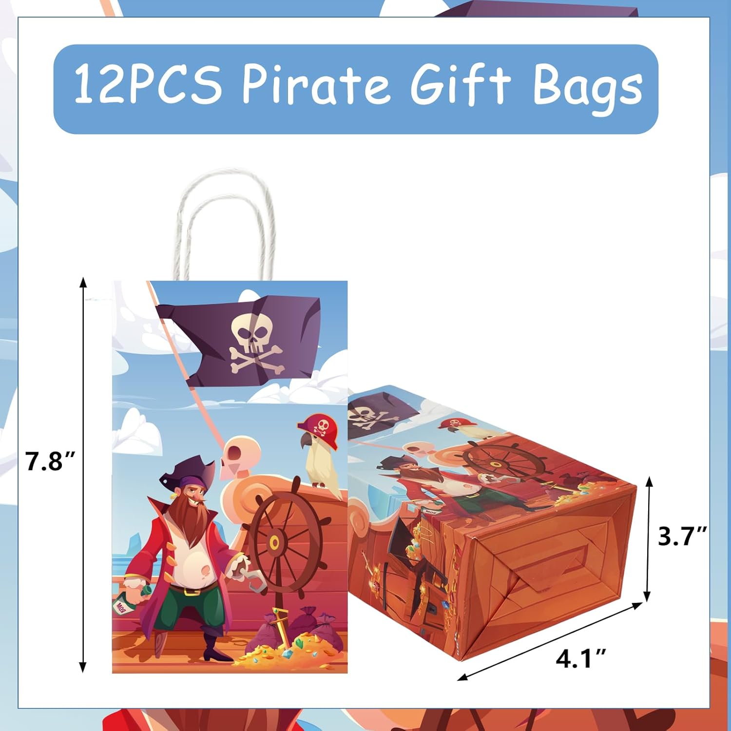 ZOIIWA 12 bolsas de papel desechables para fiesta del tesoro pirata, con asas, mapa del tesoro, bolsas de recuerdo de fiesta para fiesta de