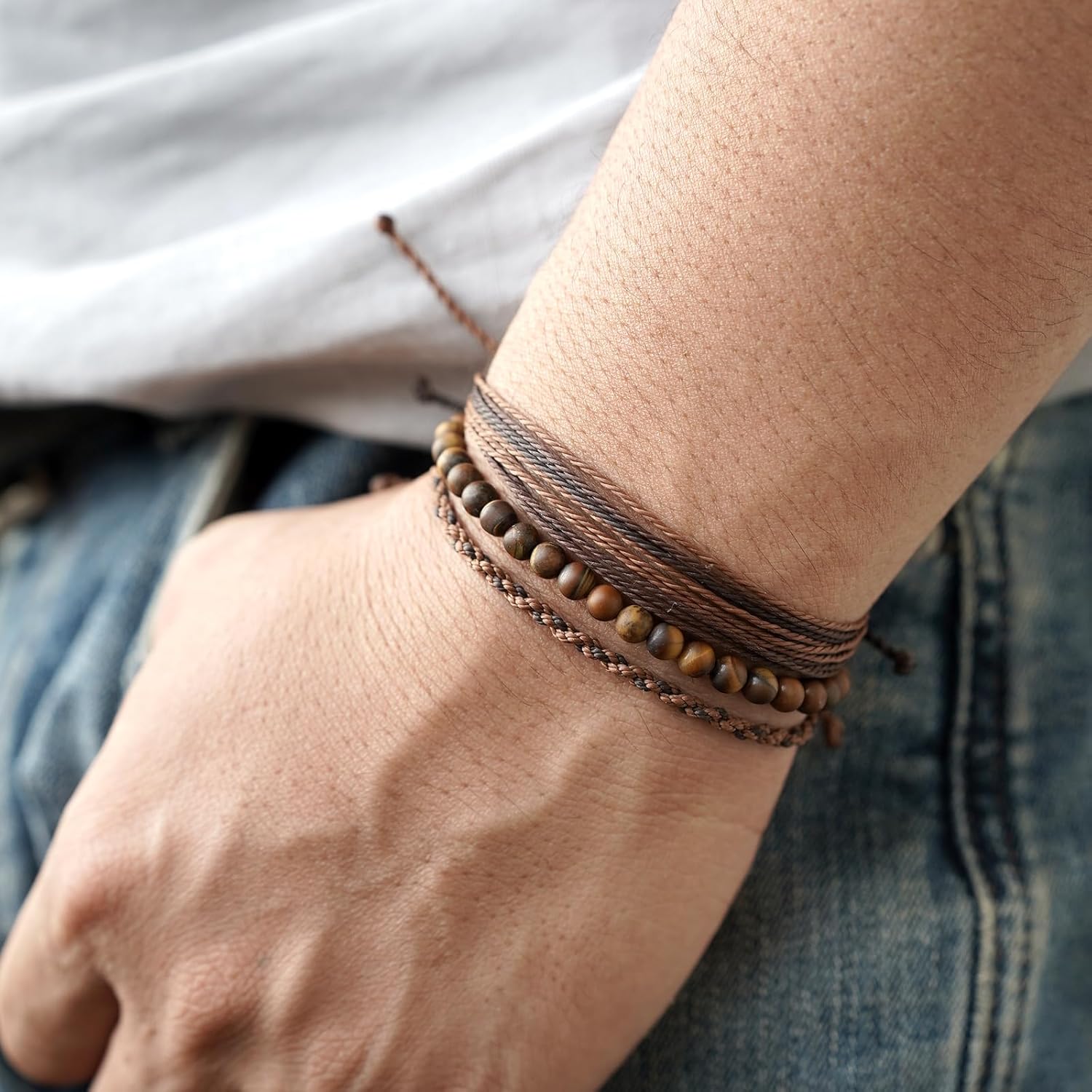 Handmade Natural Stone Beaded Healing Bracelet Gift for Men Adjustable Rope String Bracelets (tiger-eye)