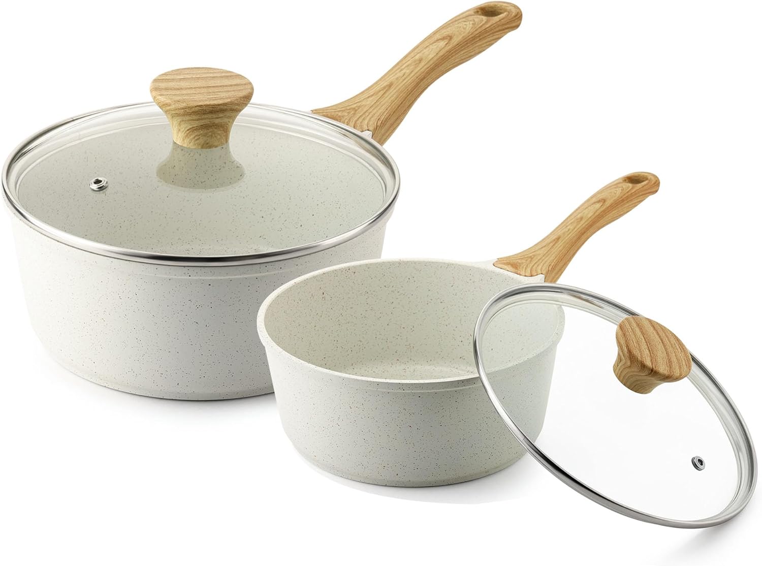 SENSARTE Cacerola antiadherente de cerámica blanca con tapa, juego de 2+2.5 cuartos de galón, olla mediana con mango Stay Cool, cacerola compatible