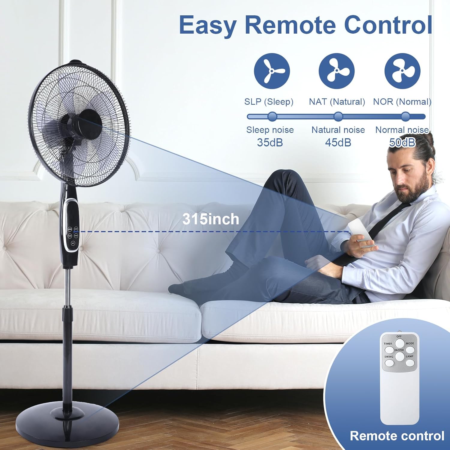 Simple Deluxe Ventilador avanzado de 16 pulgadas con control remoto, altura ajustable, 3 velocidades, oscilación de 45 grados y temporizador para