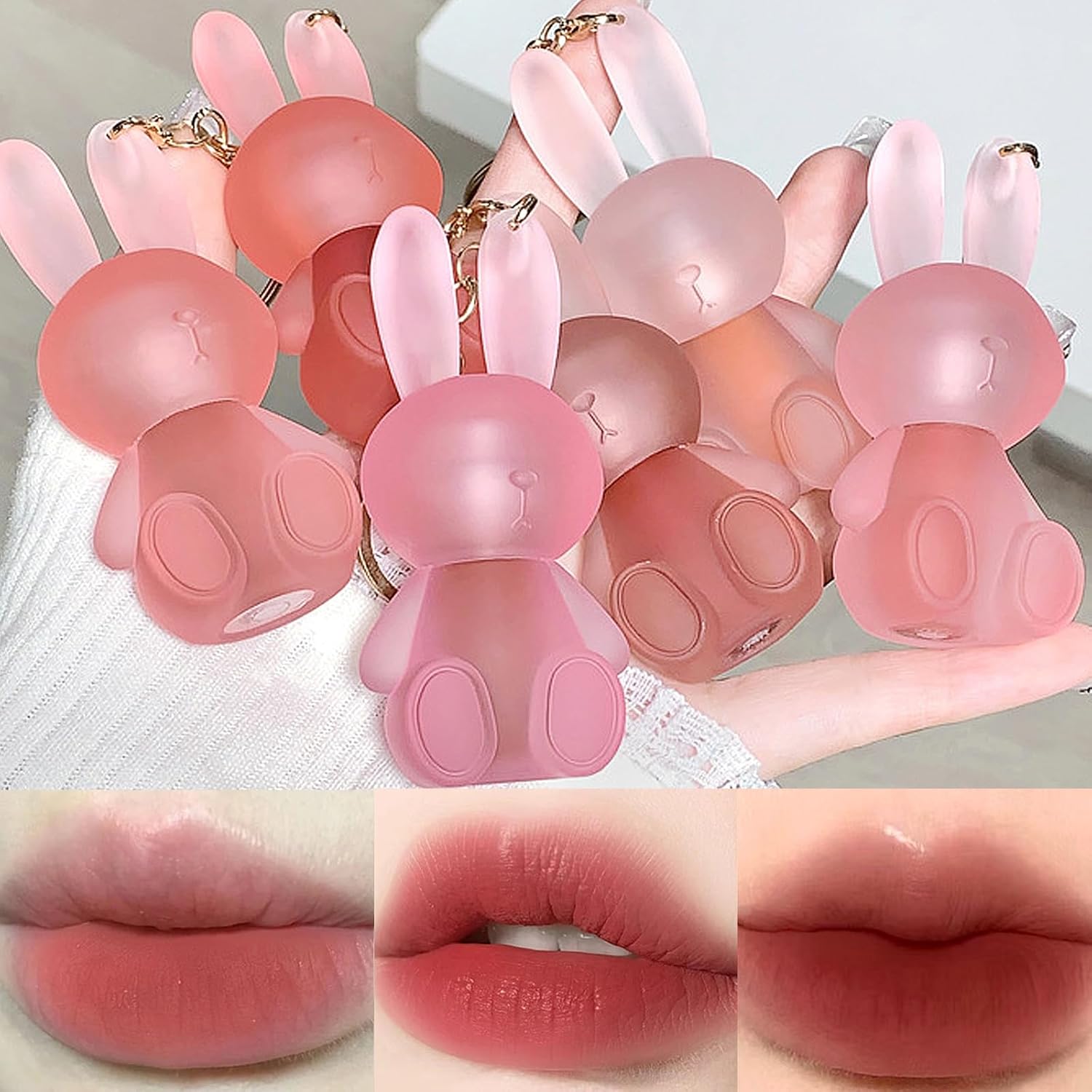 Juego de lápices labiales líquidos de terciopelo mate de 6 colores, lindo esmalte de labios de conejo 2 en 1, llavero para brillo de labios, tinte