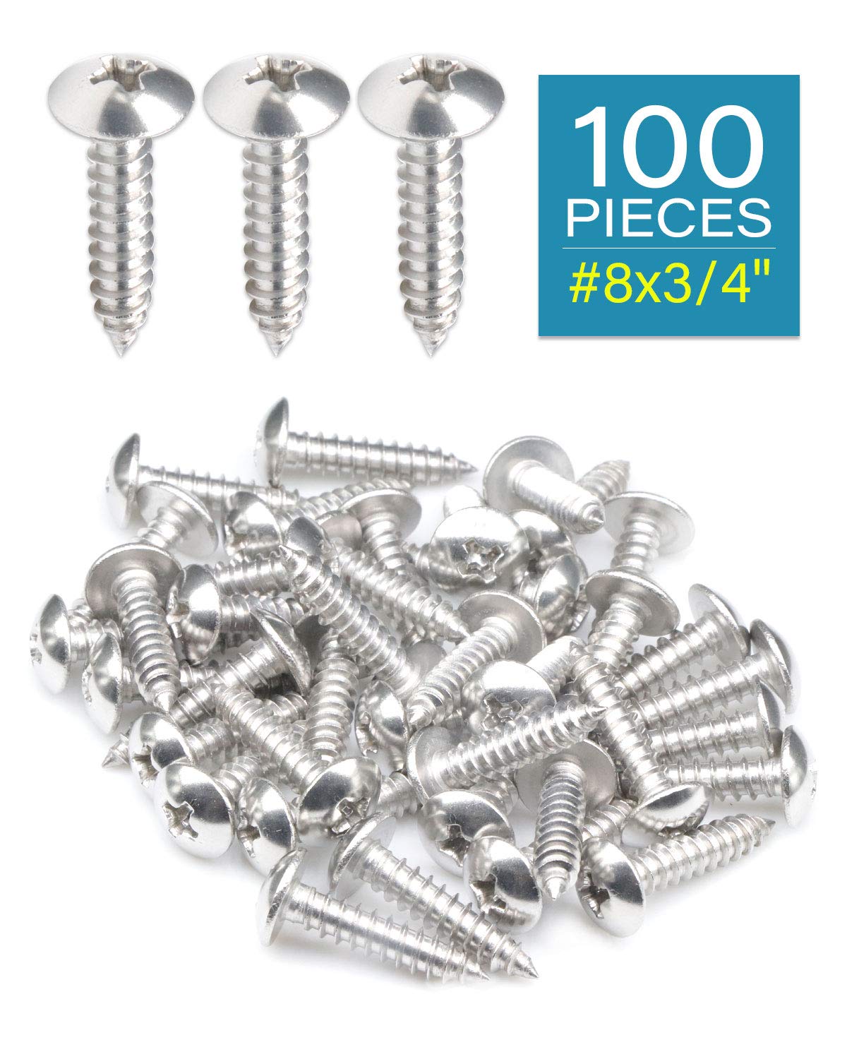 100 tornillos para madera con cabeza Phillips inoxidable 304 de truss #8 x 34 “(20mm)
