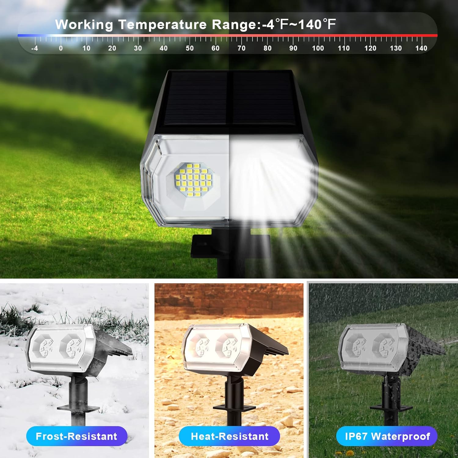 Focos solares impermeables para exteriores, 7 modos, IP67, luces solares para exteriores, luces solares para exteriores, luces solares de paisaje,