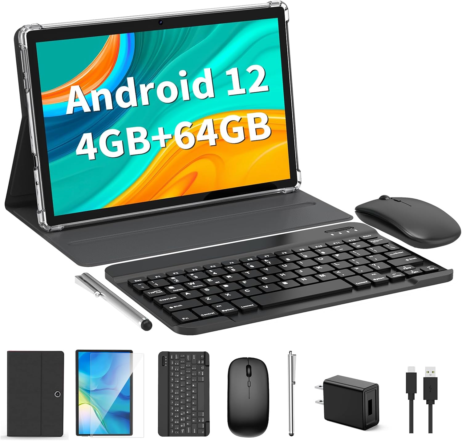 Tablet Android, tableta Android 12 de 10 pulgadas, tableta 2 en 1 con teclado, mouse, funda, lápiz capacitivo, 4 GB de RAM 64 GB ROM 1 TB expandir,