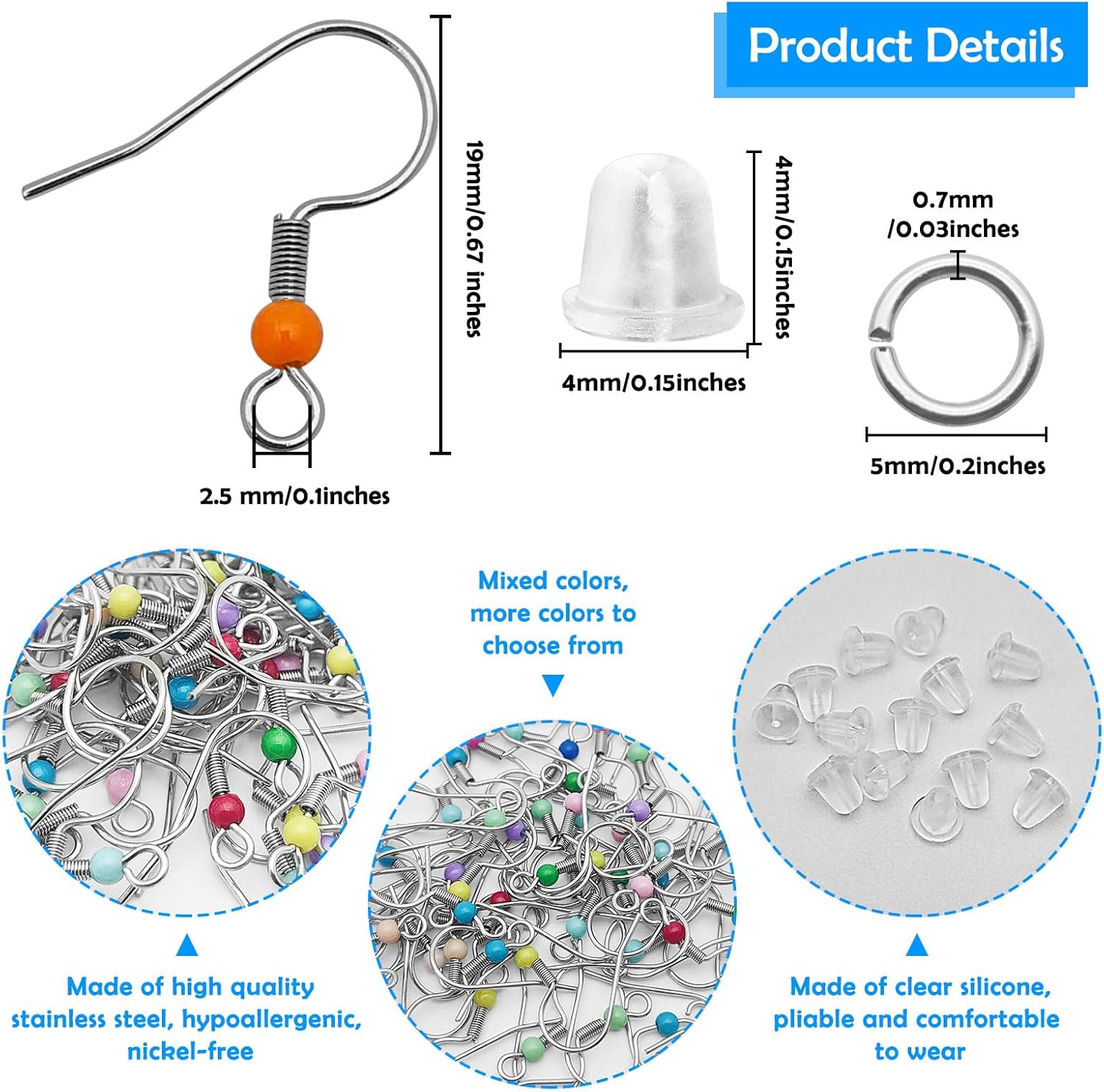 900 ganchos para aretes para hacer joyas, hipoalergénicos, aretes de acero inoxidable, alambres de oreja de acero inoxidable, aretes con anillos de