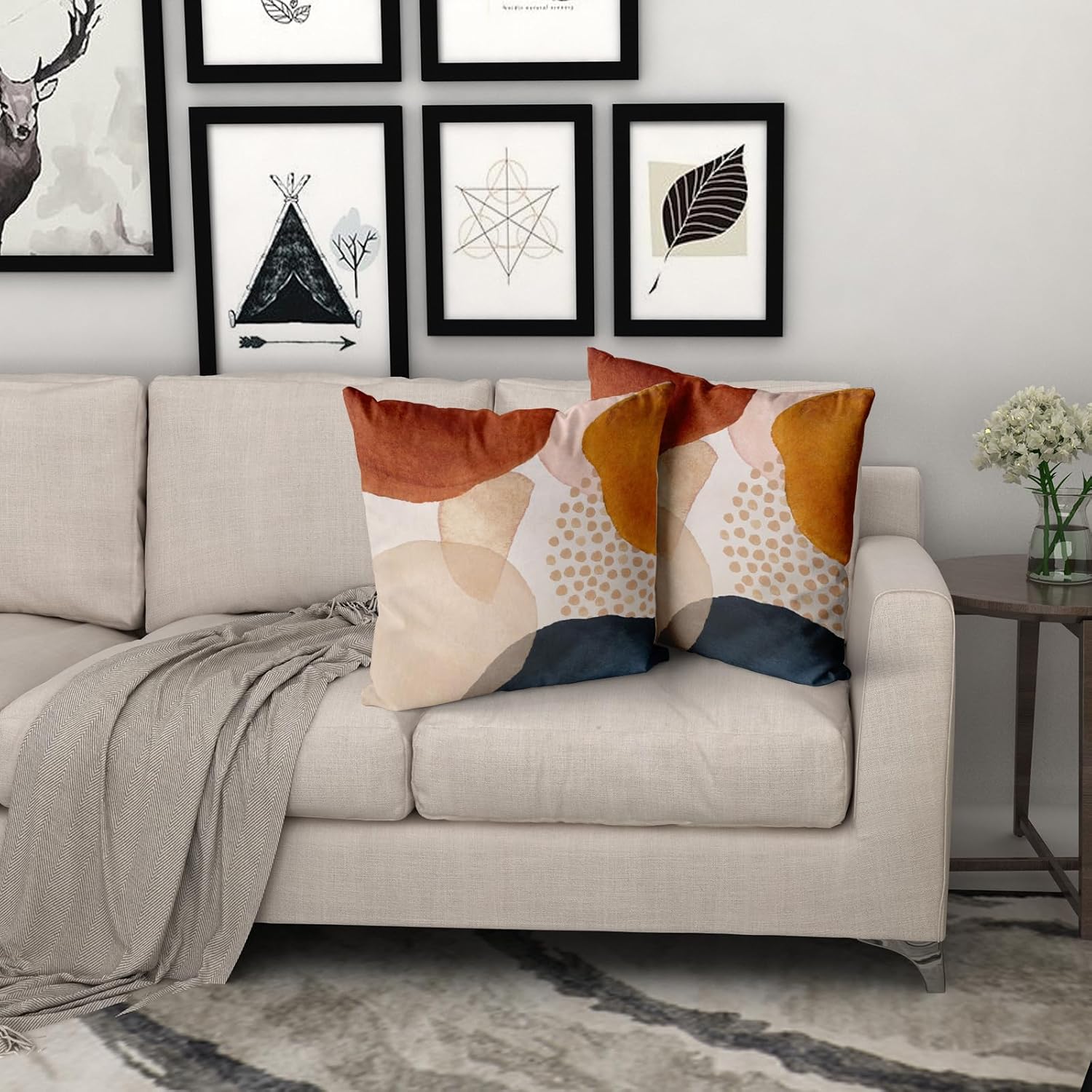 Juego de 2 fundas de almohada bohemias de 16 x 16 pulgadas, color azul marino, naranja quemado, rosa, fundas decorativas de arte abstracto moderno