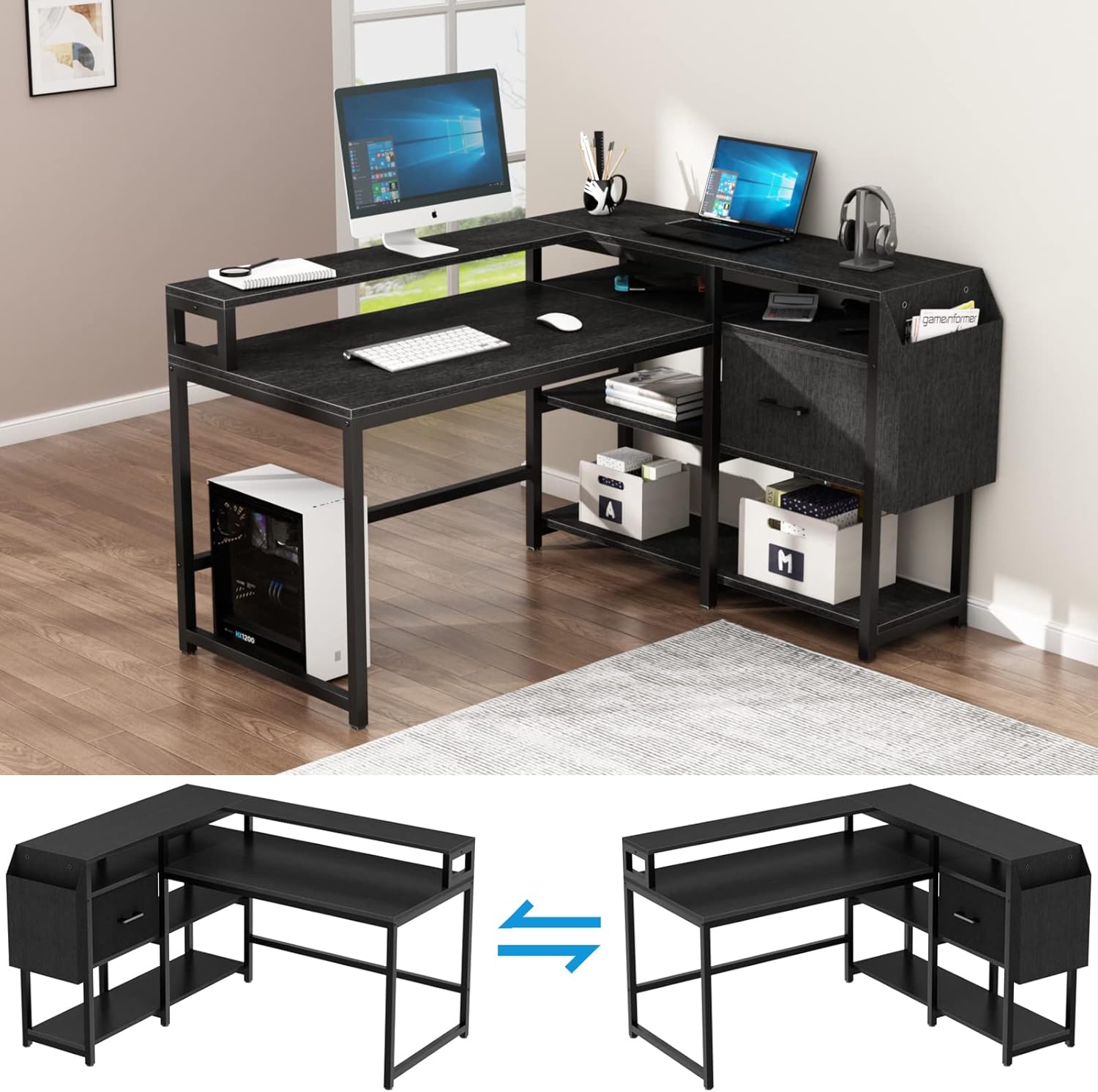 Loomie Escritorio reversible para computadora en forma de L con cajón, escritorio industrial de esquina de 55 pulgadas de ancho x 41 pulgadas de