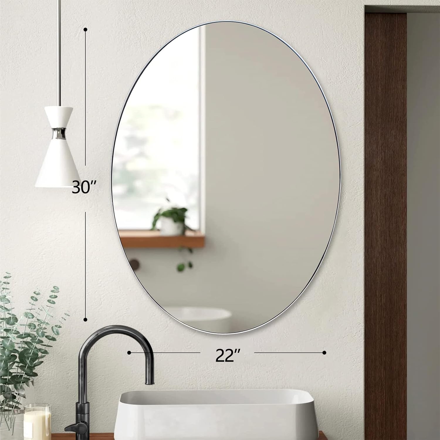 Espejo de pared ovalado, espejo de baño plateado arena con marco de metal, superficie de arena mejorada, espejo ovalado plateado de 22 x 30 pulgadas