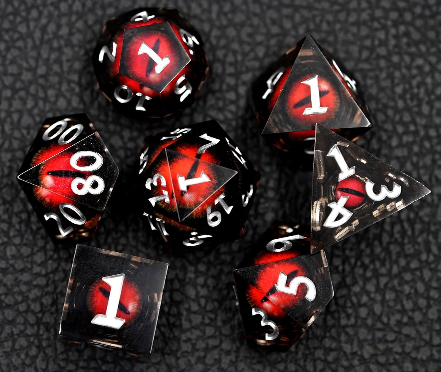 Juego de dados de ojo de dragón, dados DND de resina con caja, juego de dados poliédricos de borde afilado para juegos de rol de Calabozos y Dragones