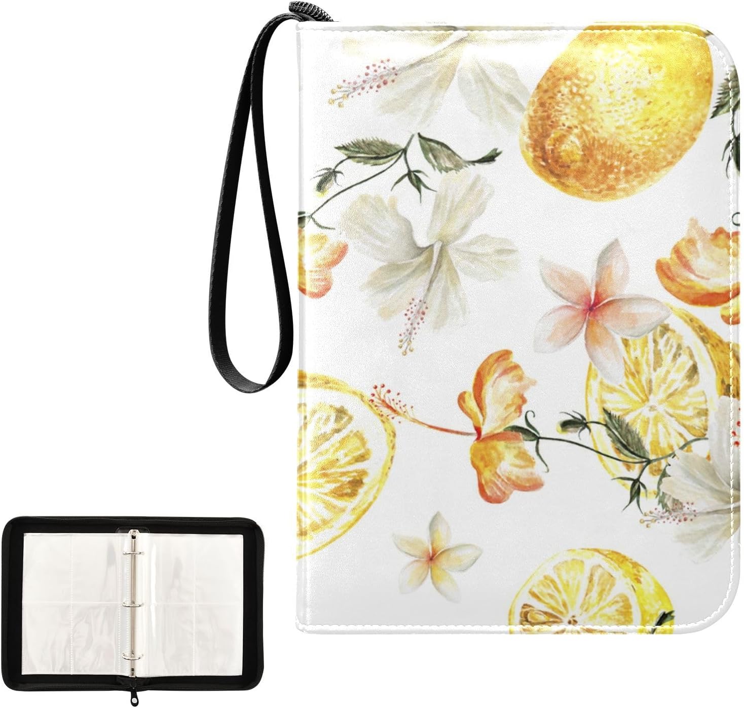 Watercolor Flowers Lemons Trading Card Binder 4-Pocket Card Holder with 50 Removable Sleeves 3-Ring Card Albums Binder Holds Up to 400 Cards Card