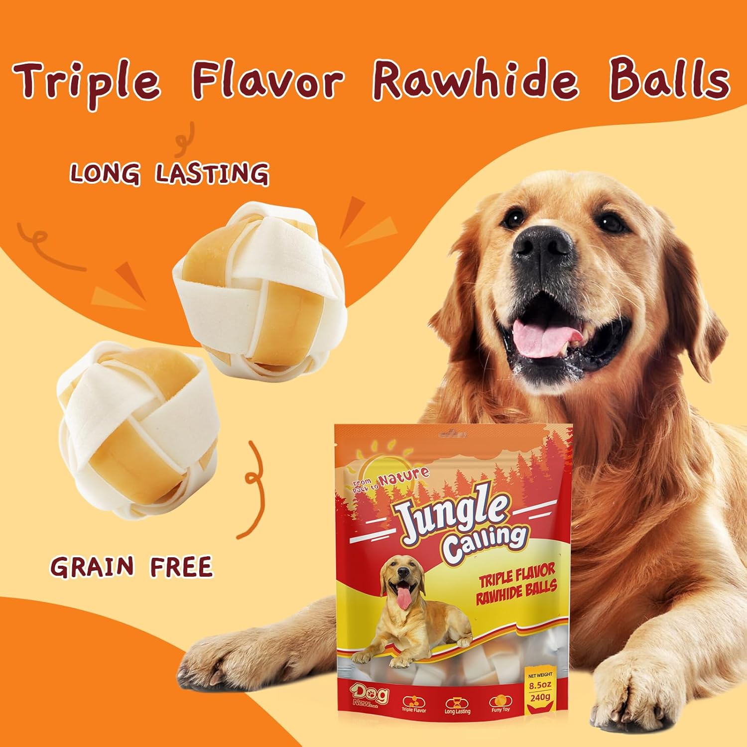 Jungle Calling Golosinas para perros, bocadillos masticables de cuero crudo para perros medianos y grandes, bolas de cuero crudo de triple sabor,