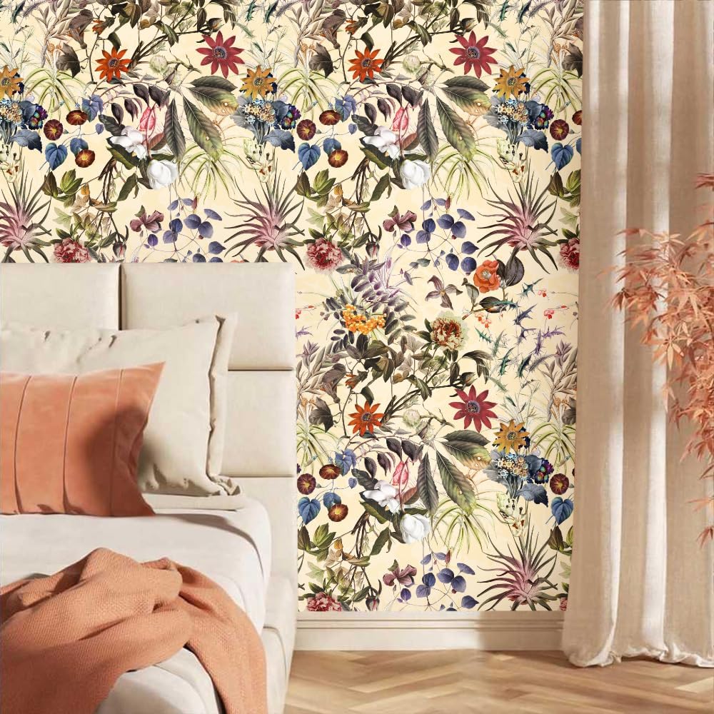 Papel tapiz autoadhesivo de 18 x 236 pulgadas, diseño bohemio de flores silvestres y hojas, papel de contacto extraíble para despegar y despegar,