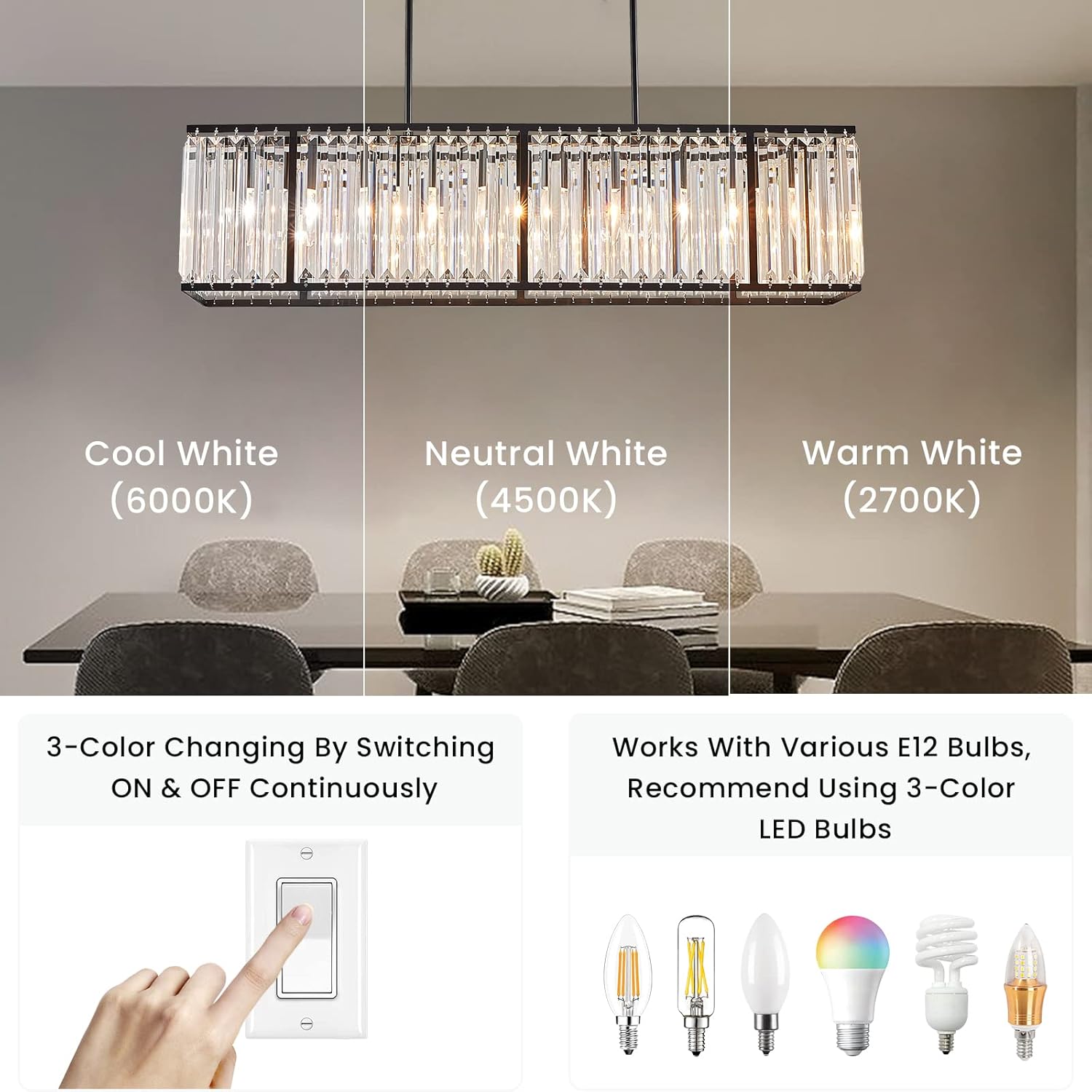 Siljoy Candelabro rectangular moderno de cristal, 5 luces, color negro, rectangular, con forma de gota de lluvia, lámpara de techo colgante lineal