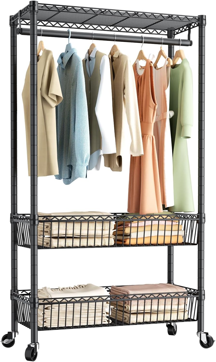 Perchero portátil con ruedas para colgar ropa, perchero de alambre ajustable resistente con cesta y barra de colgador, estante de metal