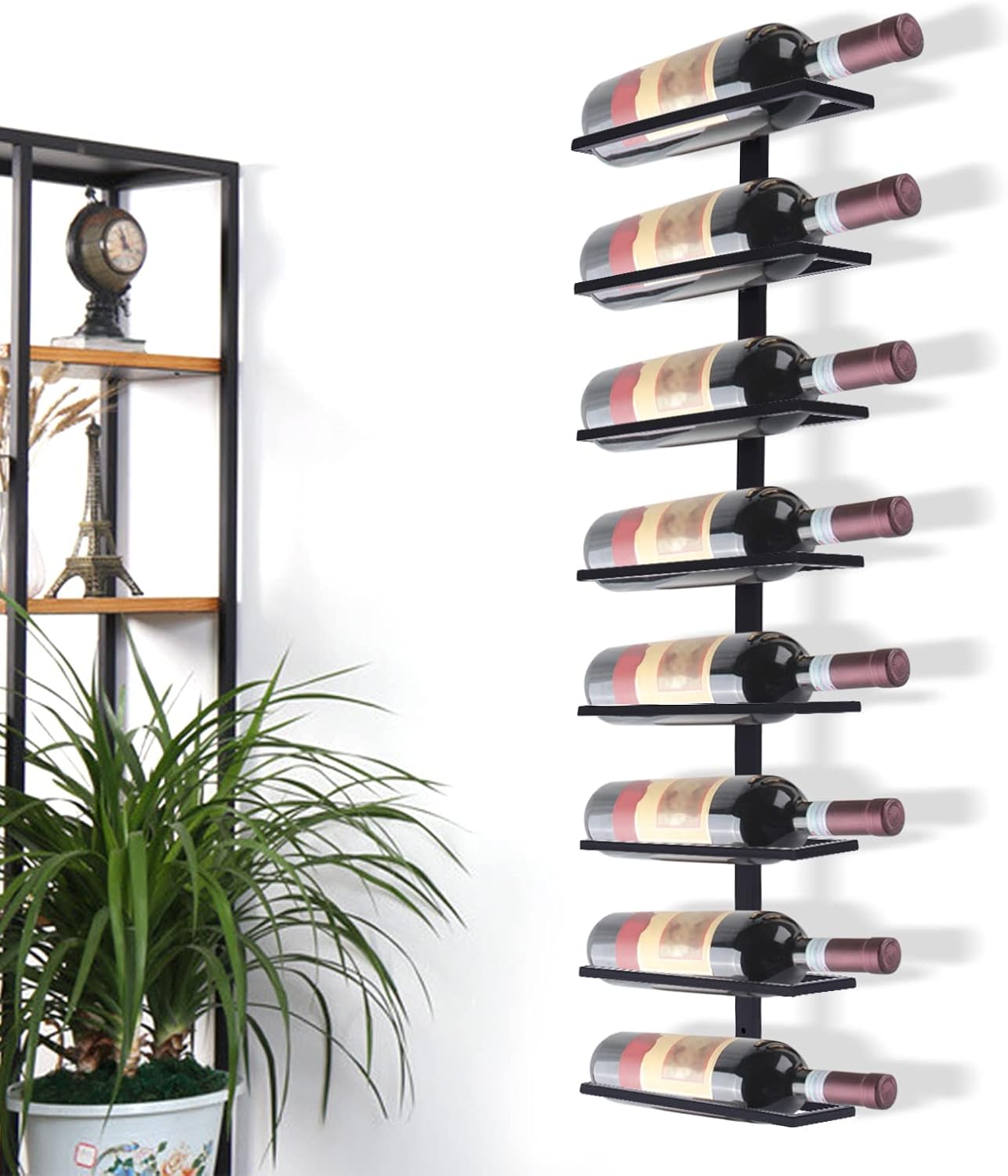 LEYSRIS Estante de vino de pared de 8 niveles, fácil acceso, almacenamiento de metal para vino negro, ahorro de espacio, con 8 botellas