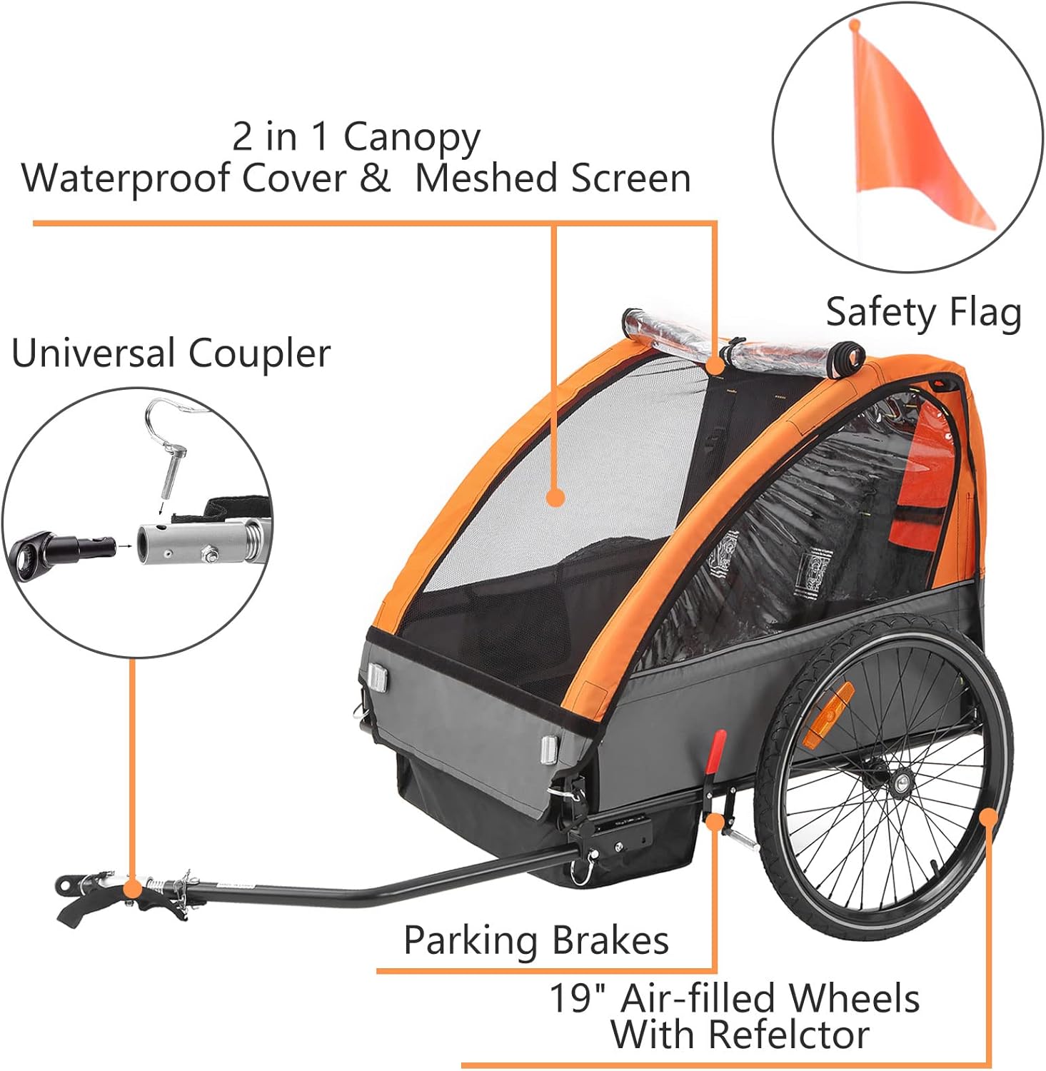 Remolque de bicicleta para niños, adecuado para 1 a 2 niños, 12 meses en adelante, fijación rápida a la bicicleta, plegable, con arnés de 5 puntos y