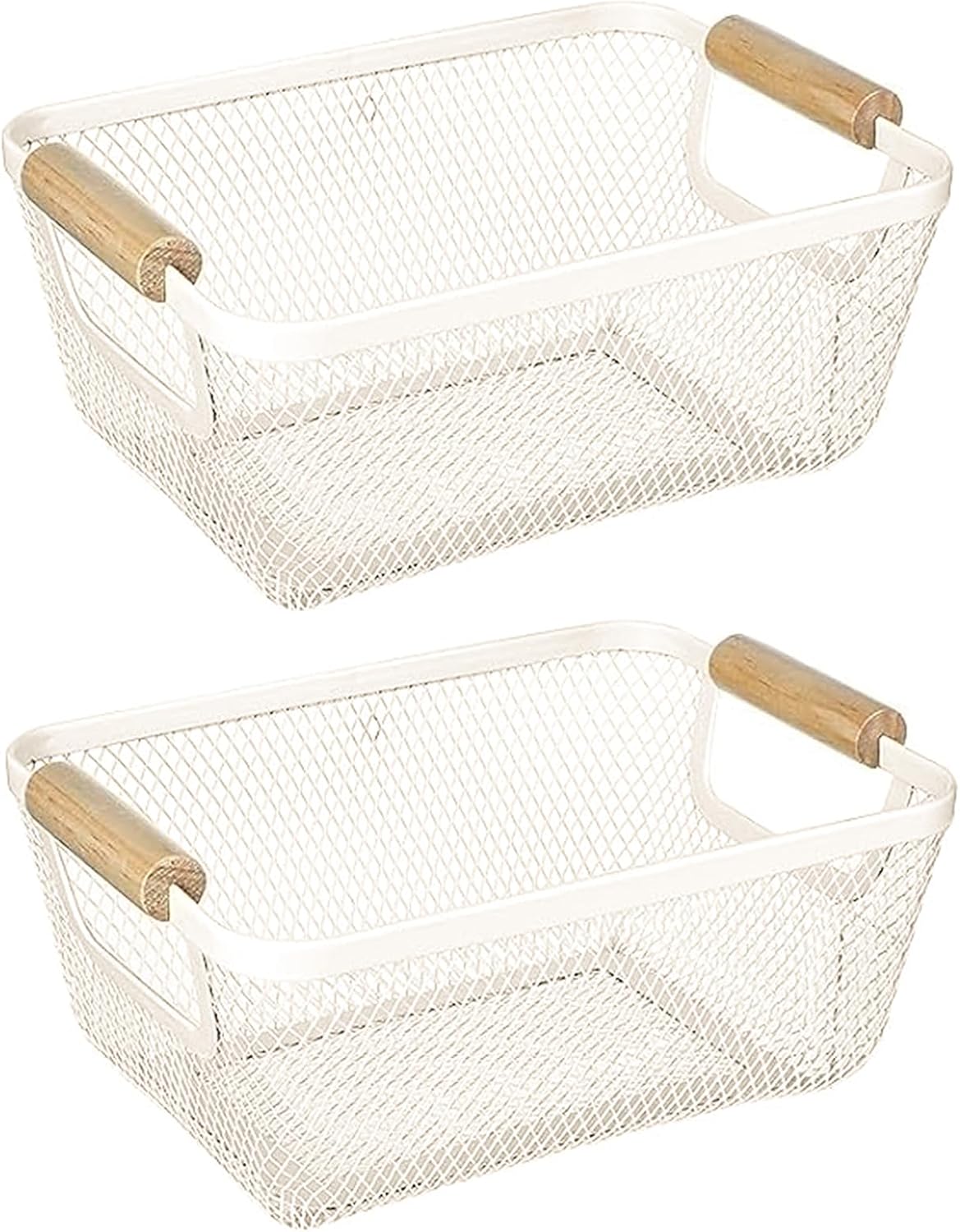 Paquete de 2 cestas de acero de malla metálica, cesta organizadora de almacenamiento de alambre multifuncional, cesta de cocina colgante con mango