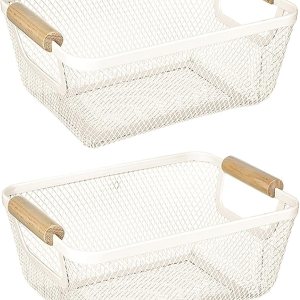 Paquete de 2 cestas de acero de malla metálica, cesta organizadora de almacenamiento de alambre multifuncional, cesta de cocina colgante con mango Paquete de 2 cestas de acero de malla metálica, cesta organizadora de almacenamiento de alambre multifuncional, cesta de cocina colgante con mango