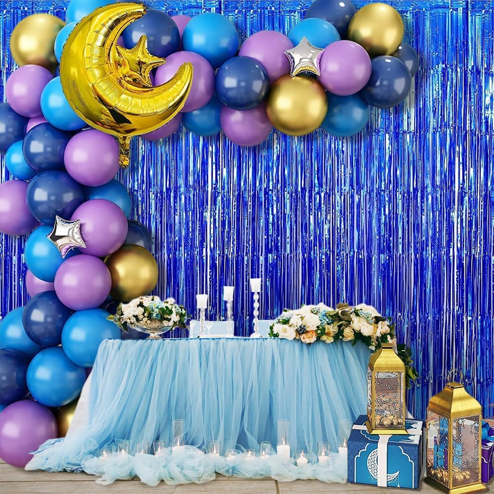 MEHOFOND Paquete de 2 cortinas de flecos de papel de aluminio azul rey de 3.3 x 6.6 pies, decoración de fiesta, telón de fondo metálico con flecos