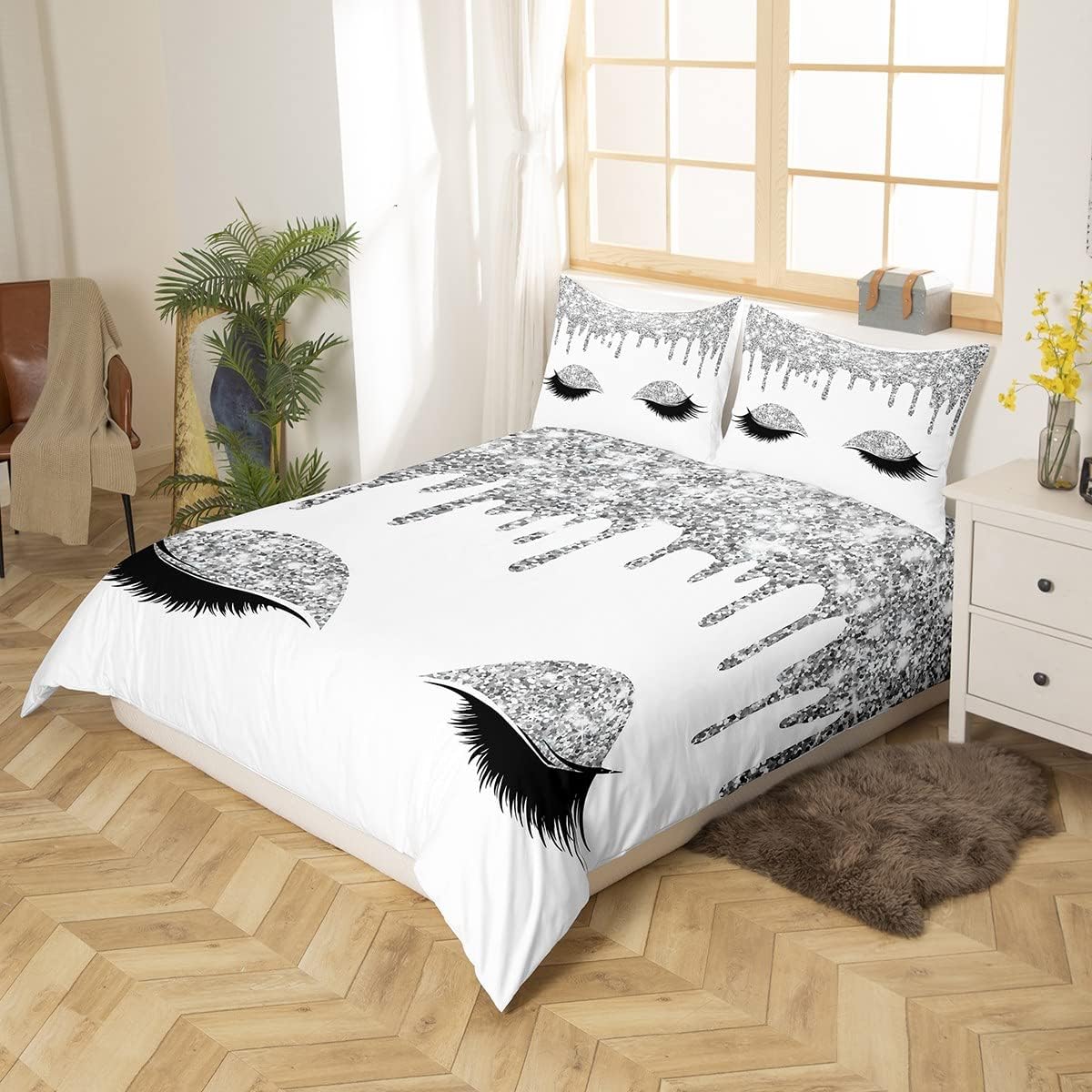 Feelyou Juego de ropa de cama de lujo para niñas, funda de edredón blanca con diseño de princesa femenina, funda de edredón brillante con hadas,