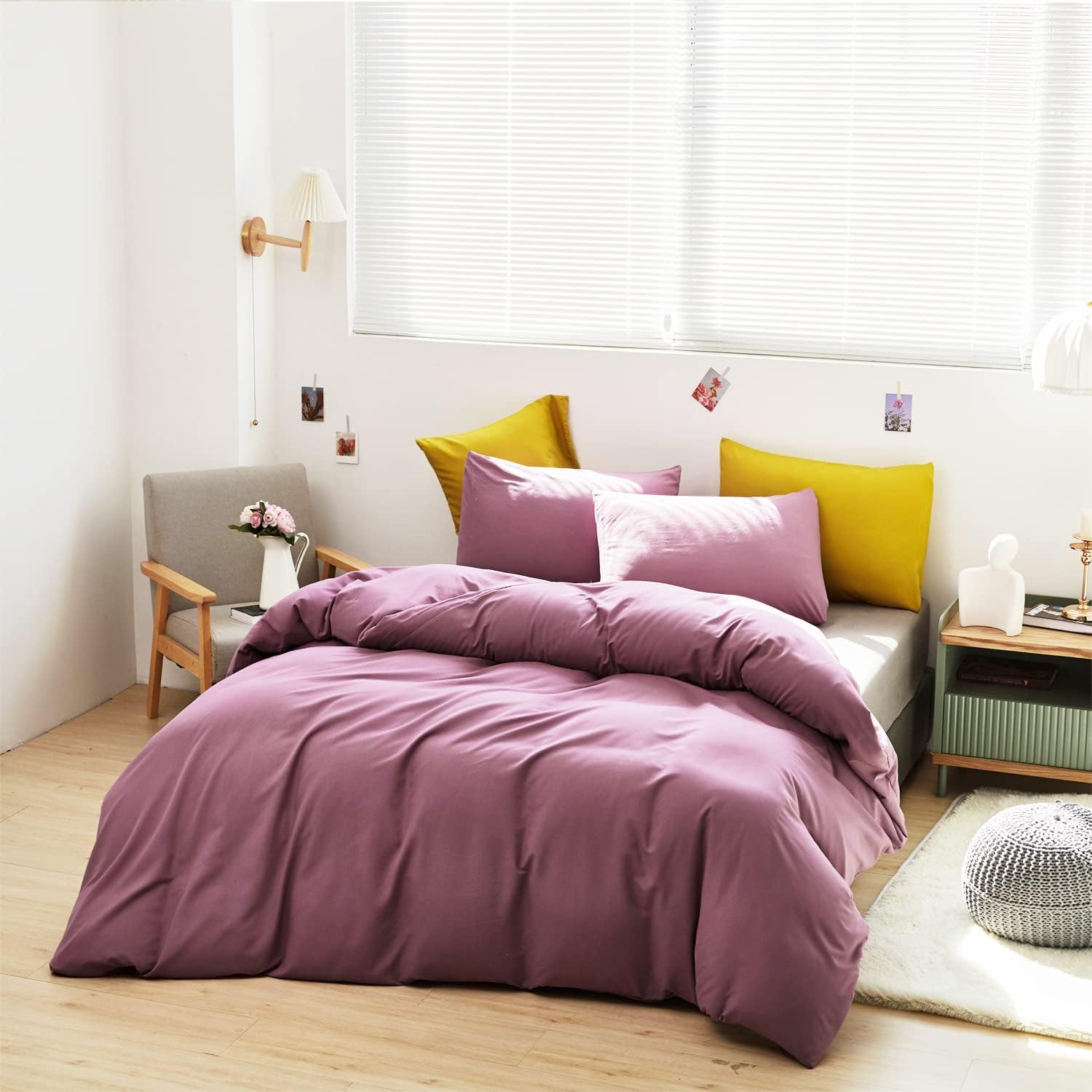 Wellboo – Juego de edredón de tamaño Queen para mujeres y niñas, color morado polvoriento y morado malva liso, ropa de cama de algodón para