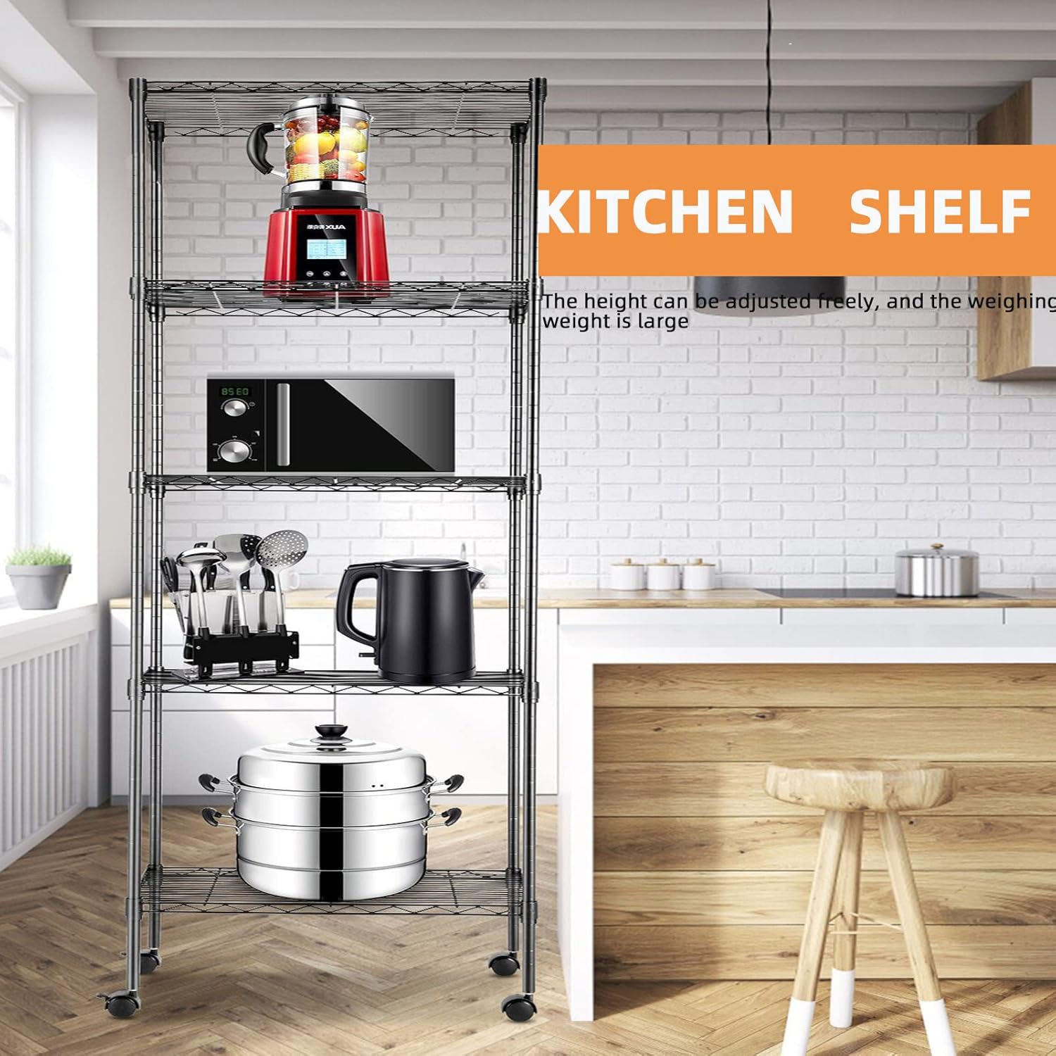 Estantes de almacenamiento (negro, 5 estantes) Estante familiar de 5 capas, estante vertical de combinación libre, cocina, dormitorio, garaje,