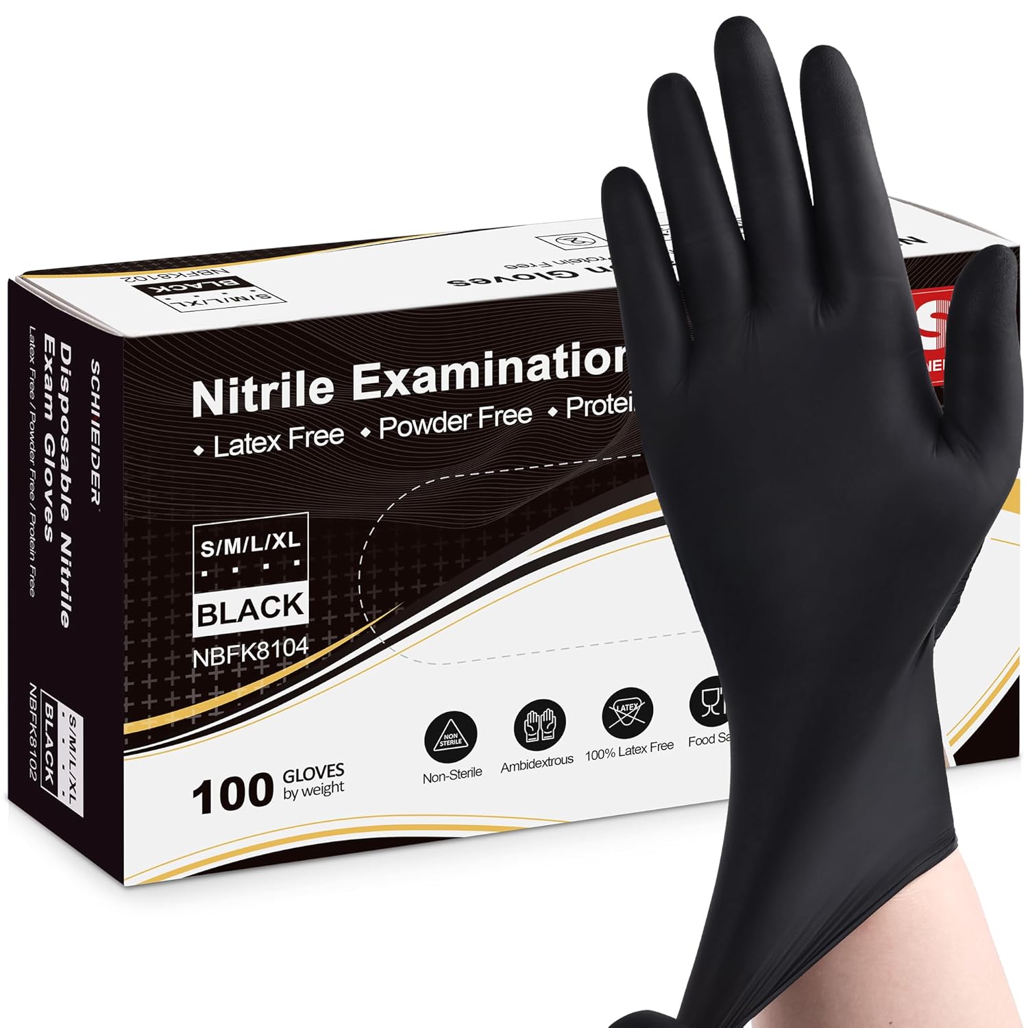 Schneider Guantes de nitrilo para examen, color negro, talla S, caja de 100 unidades, guantes desechables de nitrilo de 5 mil, sin látex, sin polvo,